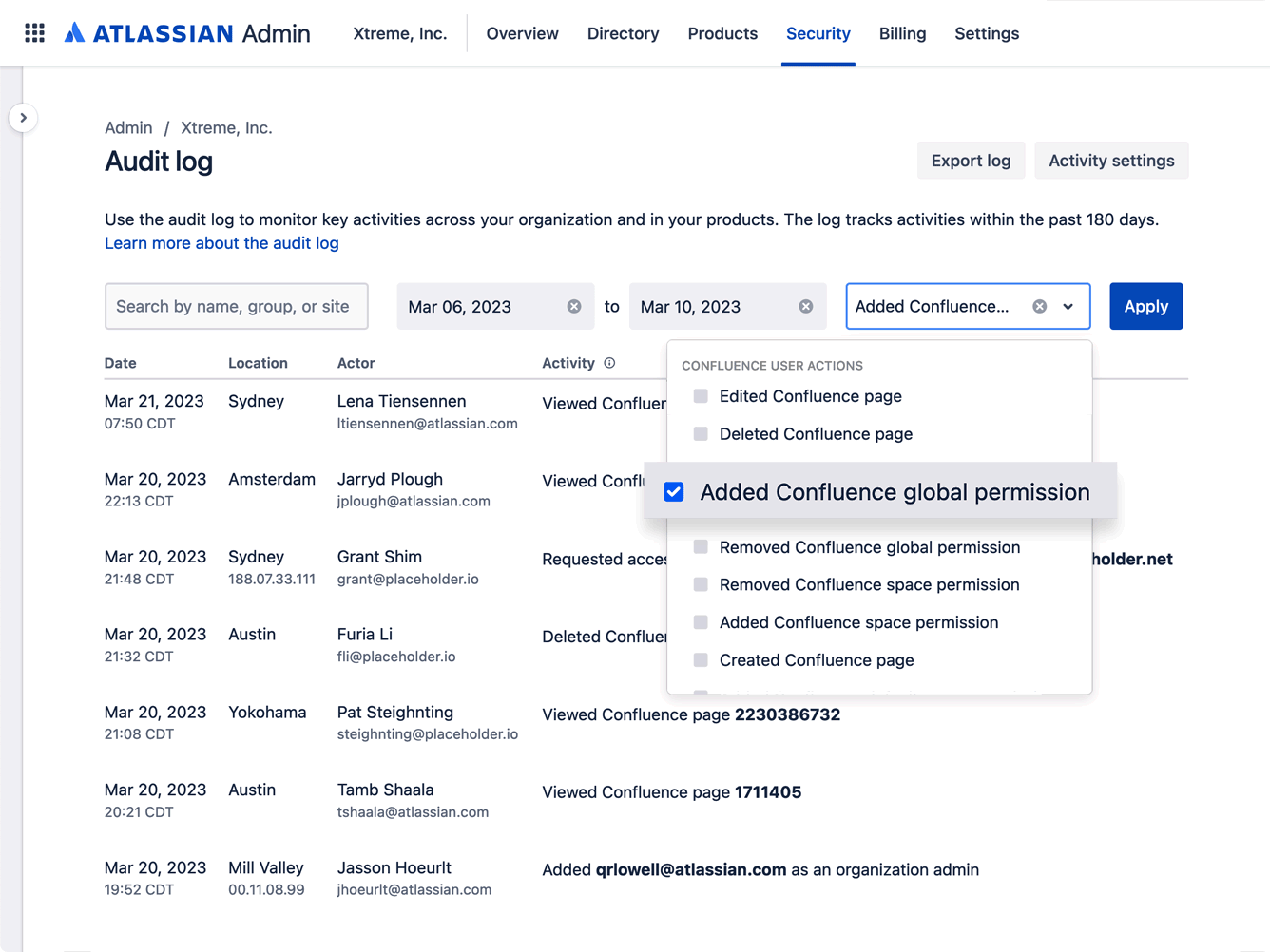 Un journal d'audit dans le hub d'administration Atlassian avec vue des actions d'autorisations globales de Confluence