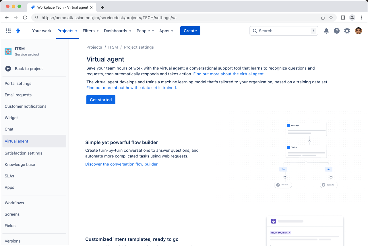 Pantalla de configuración del agente virtual en Jira Service Management