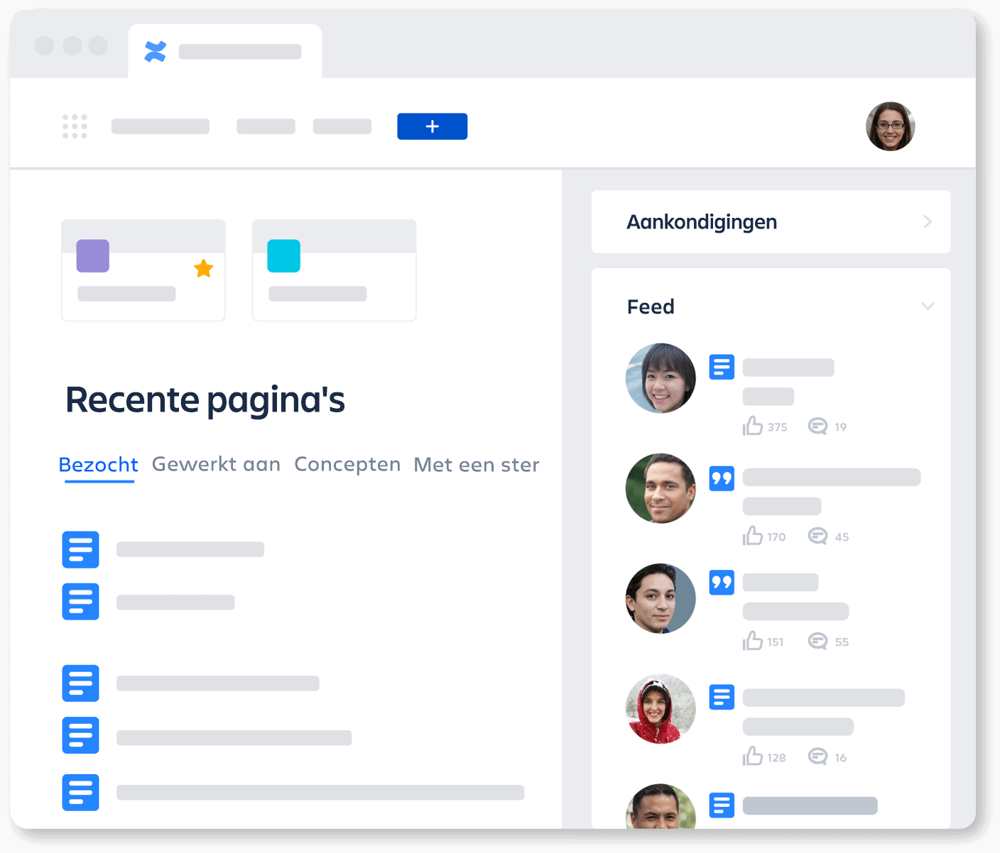 Afbeelding van het dashboard van Confluence