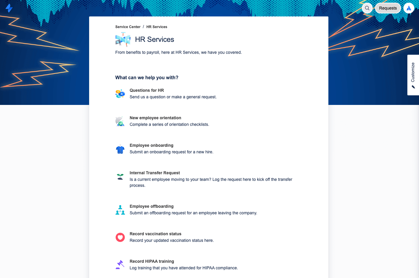 screenshot of Available HR request types in the customer portal