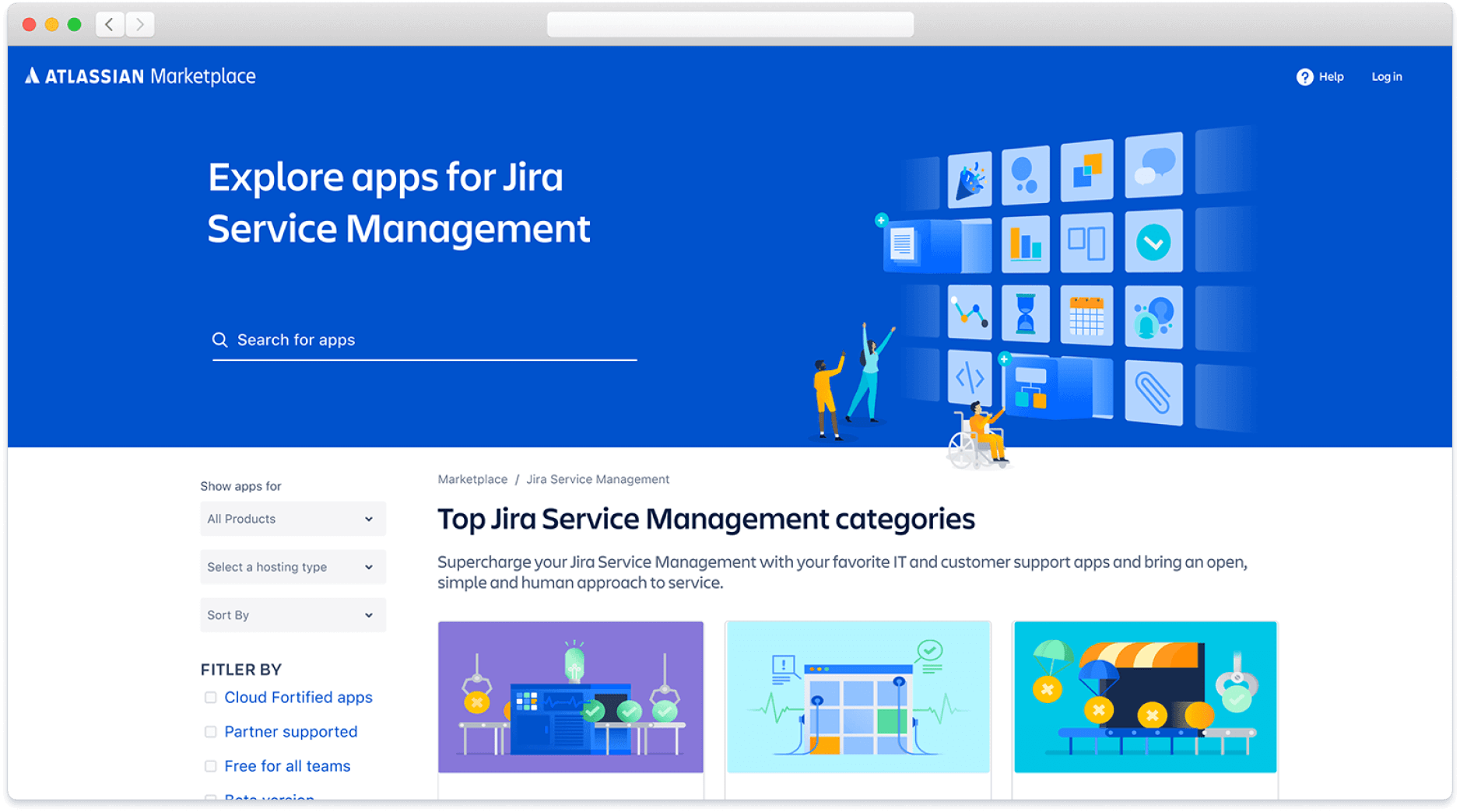 「Explore apps for Jira Service Management」と表示されている Atlassian Marketplace の画面
