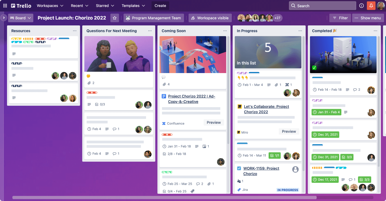 用于项目管理的 Trello 看板的屏幕截图
