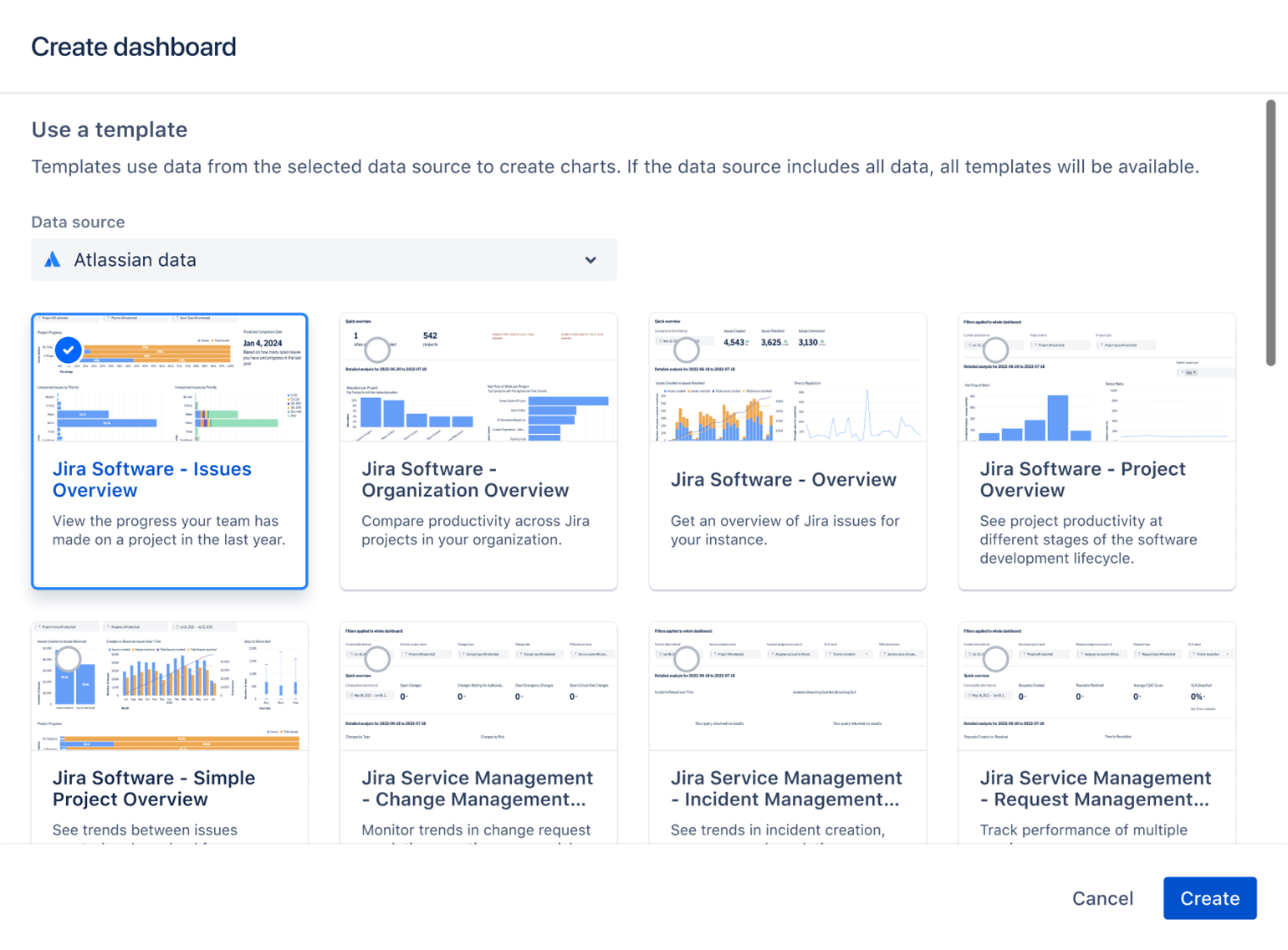 Ekran wyboru pokazuje przykłady szablonów, których można używać do pozyskiwania danych z produktów Atlassian podczas korzystania z Atlassian Analytics.