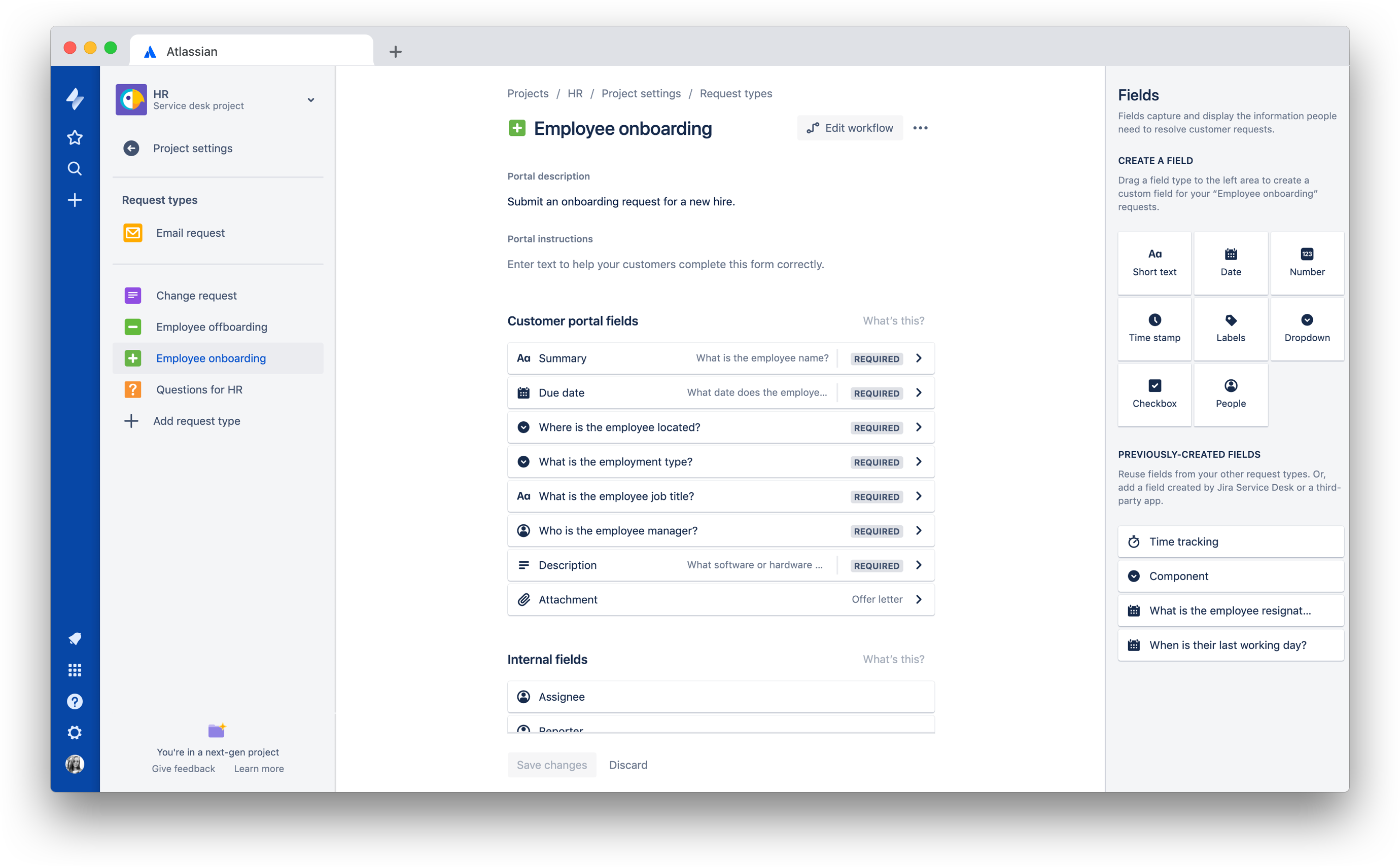 Jira Service Desk screenshot of HR employee onboarding