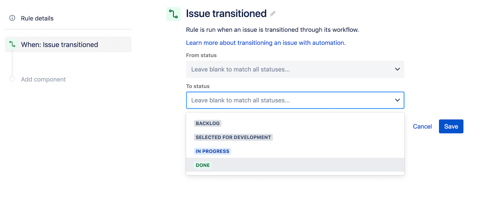 トリガーのリストから [Issue created (課題を作成)] トリガーを見つけます。