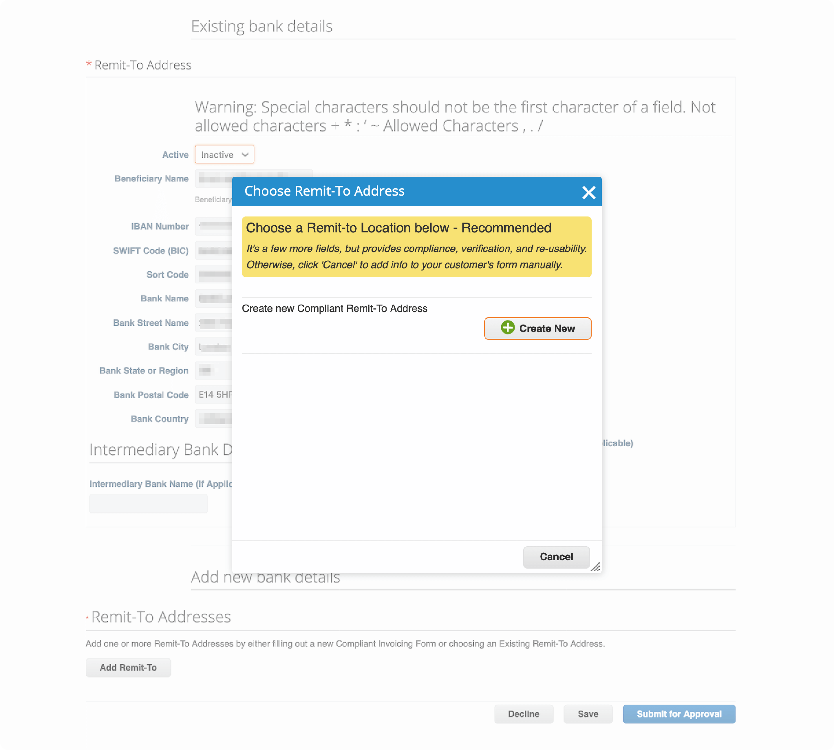 Pop-up box choose remit-to location below - recommended