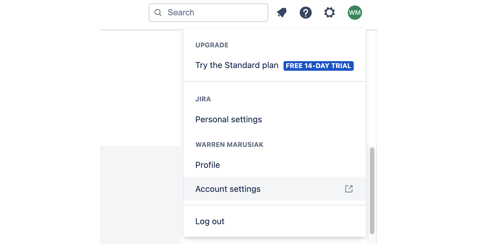 Configurações da conta para tokens de API do JIRA