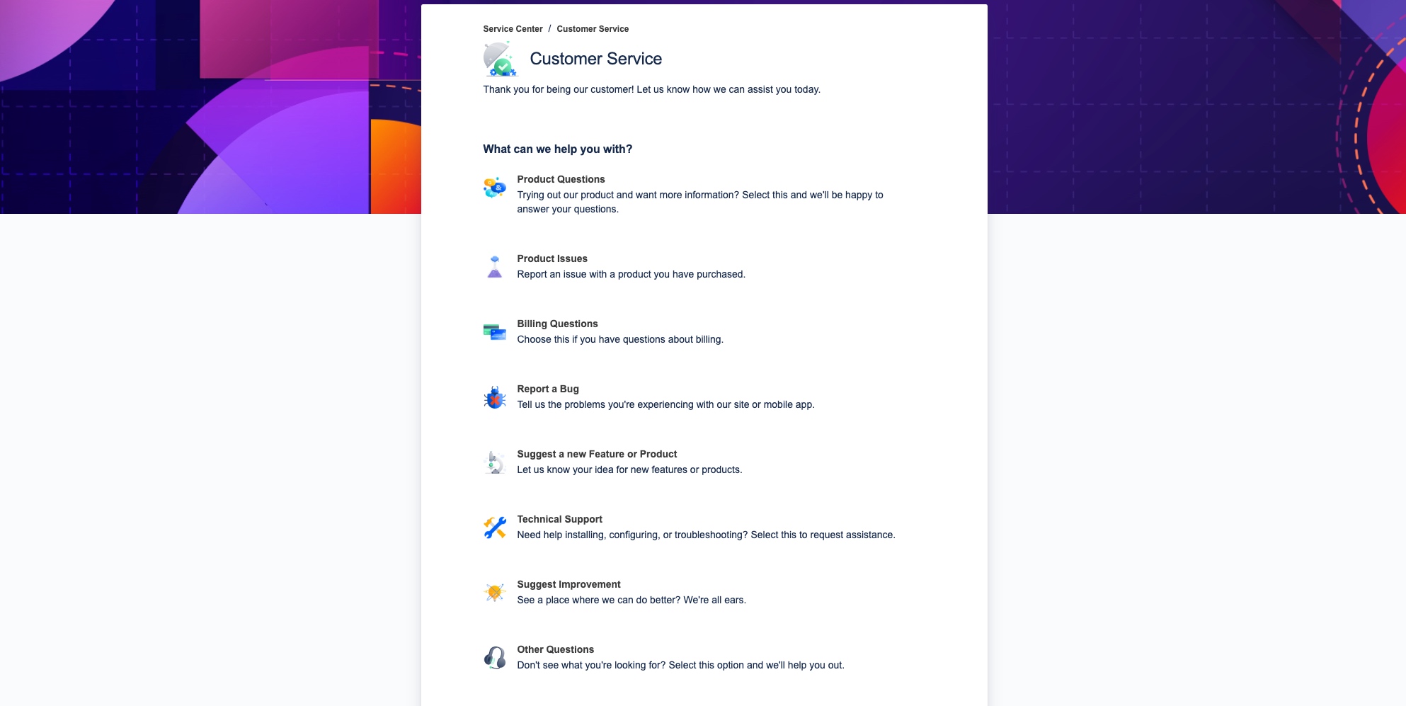 capture d'écran des types de demandes client disponibles sur le portail client