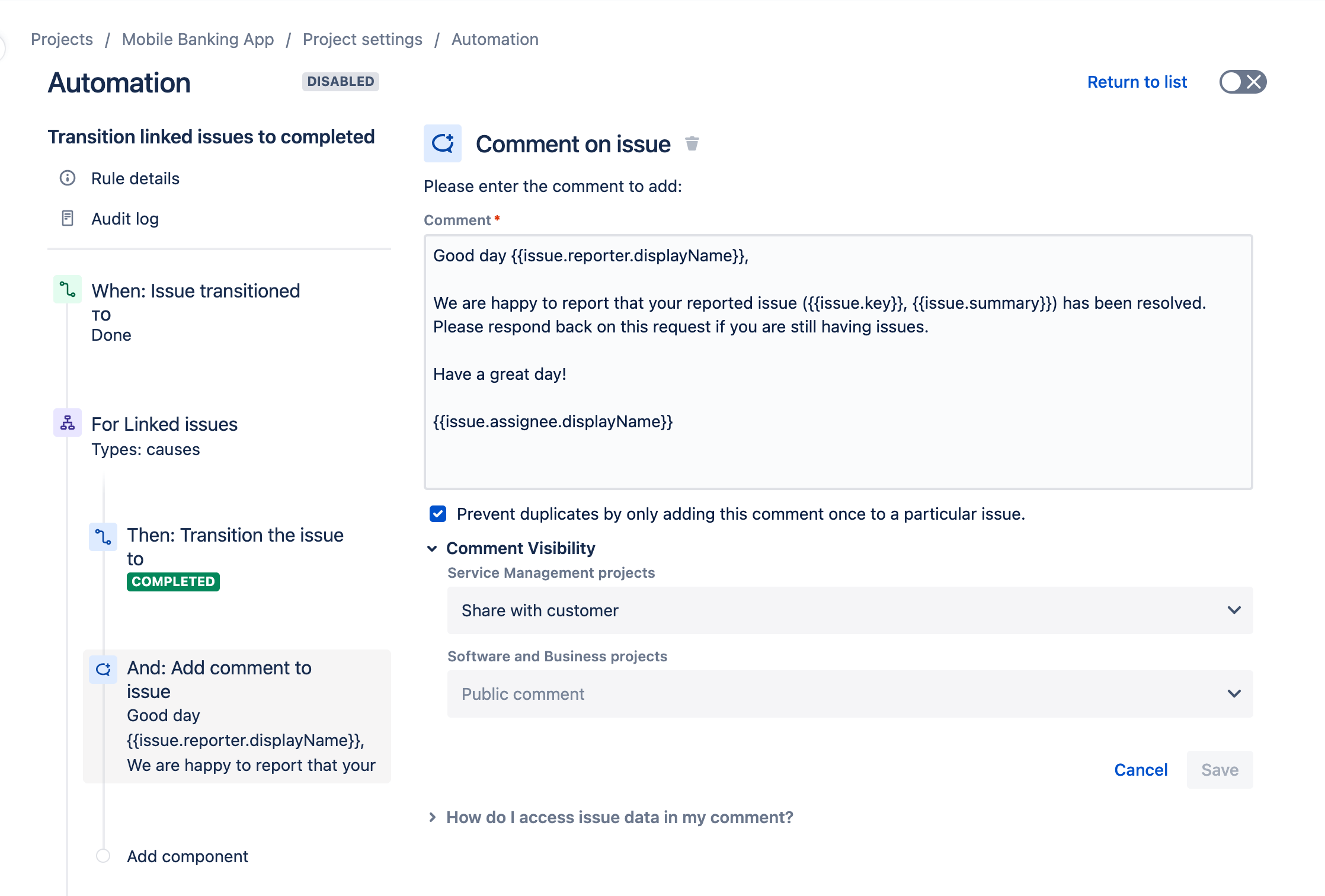 Transition et commentaires dans les tickets Jira Service Management à l'aide de l'automatisation