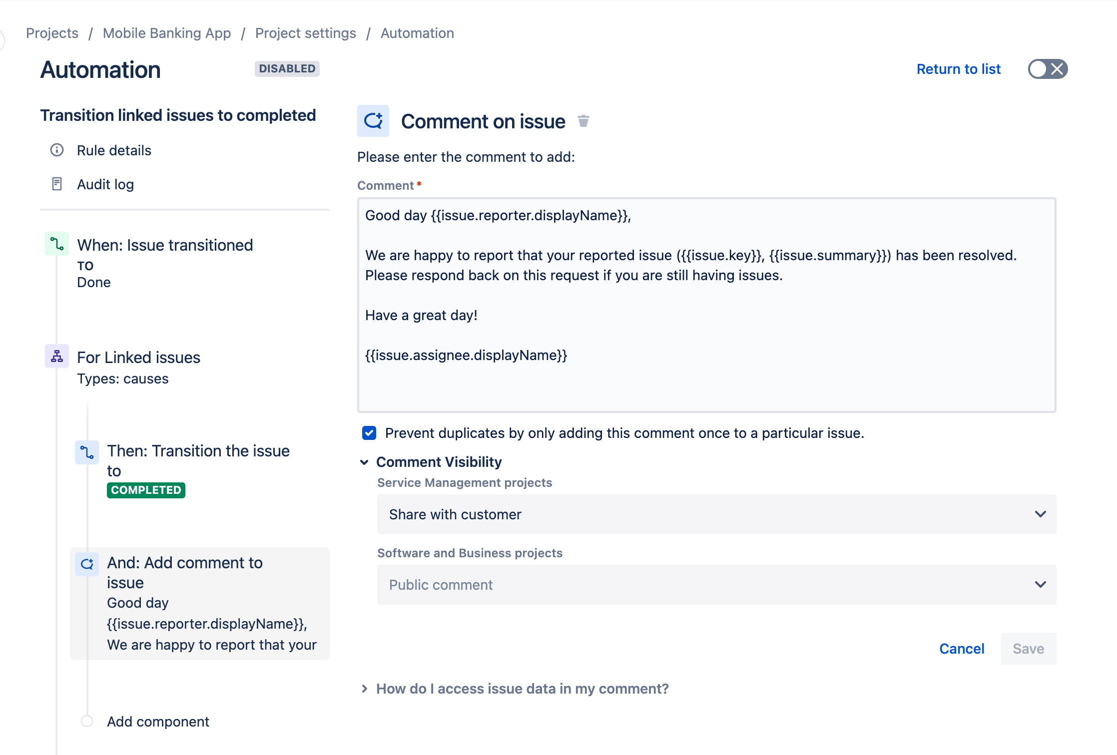 Transition and comment on Jira Service Management issues using automation