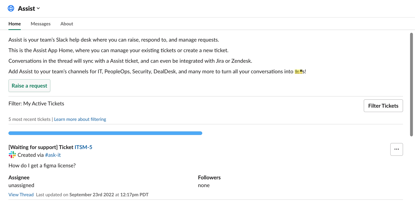 Abrir una solicitud desde la pantalla de inicio de la aplicación de Assist en Slack