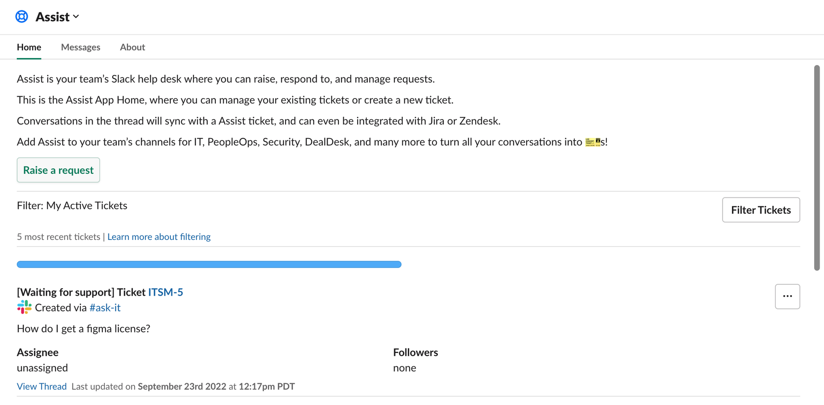 Eine Anforderung über den Startbildschirm der Assist-App in Slack erstellen