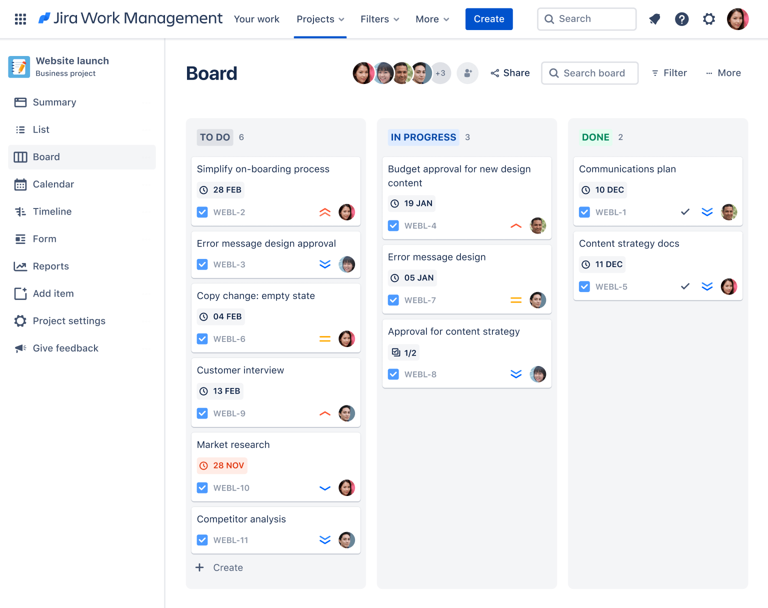 Schermafbeelding van een kanbanbord in Jira Work Management