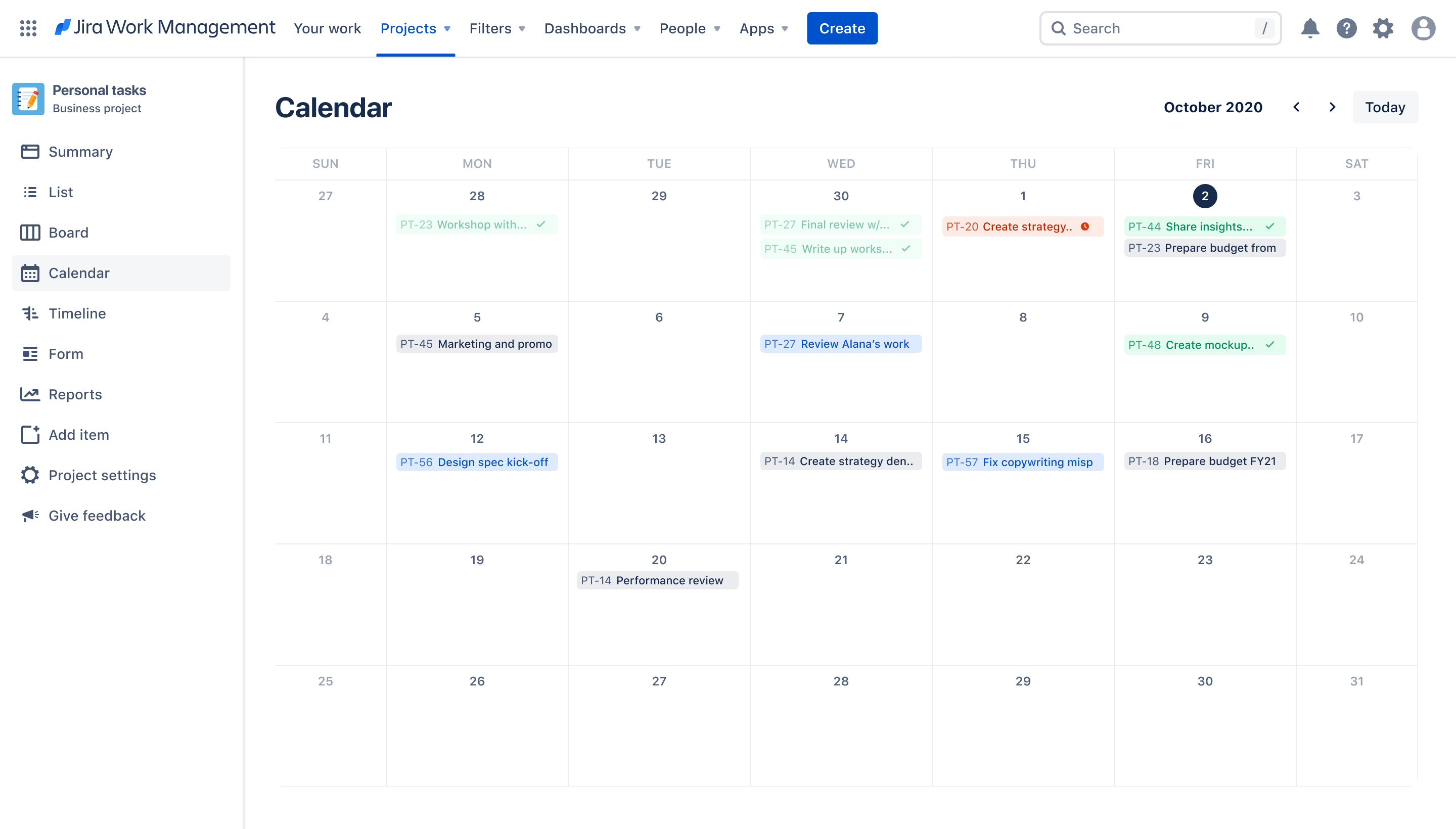 Calendar view of the personal task tracker template for Jira Work Management