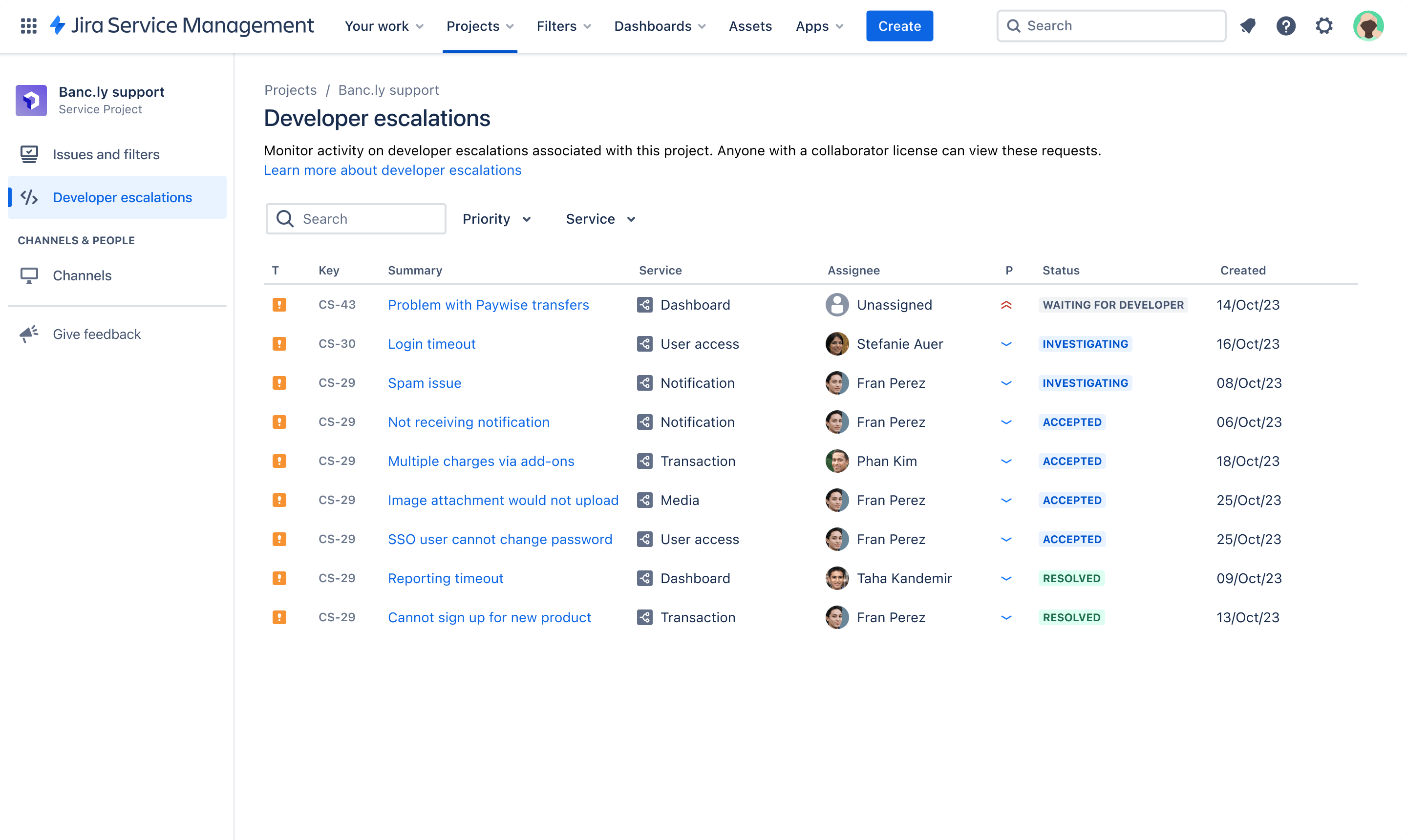 captura de tela da visualização de escalonamentos de desenvolvedores