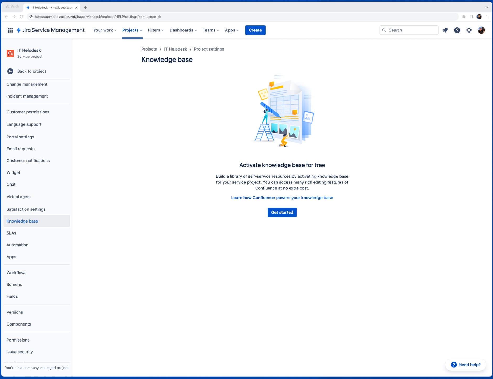 Capture d'écran de l'ajout ou de la personnalisation de types de demandes dans un projet de services