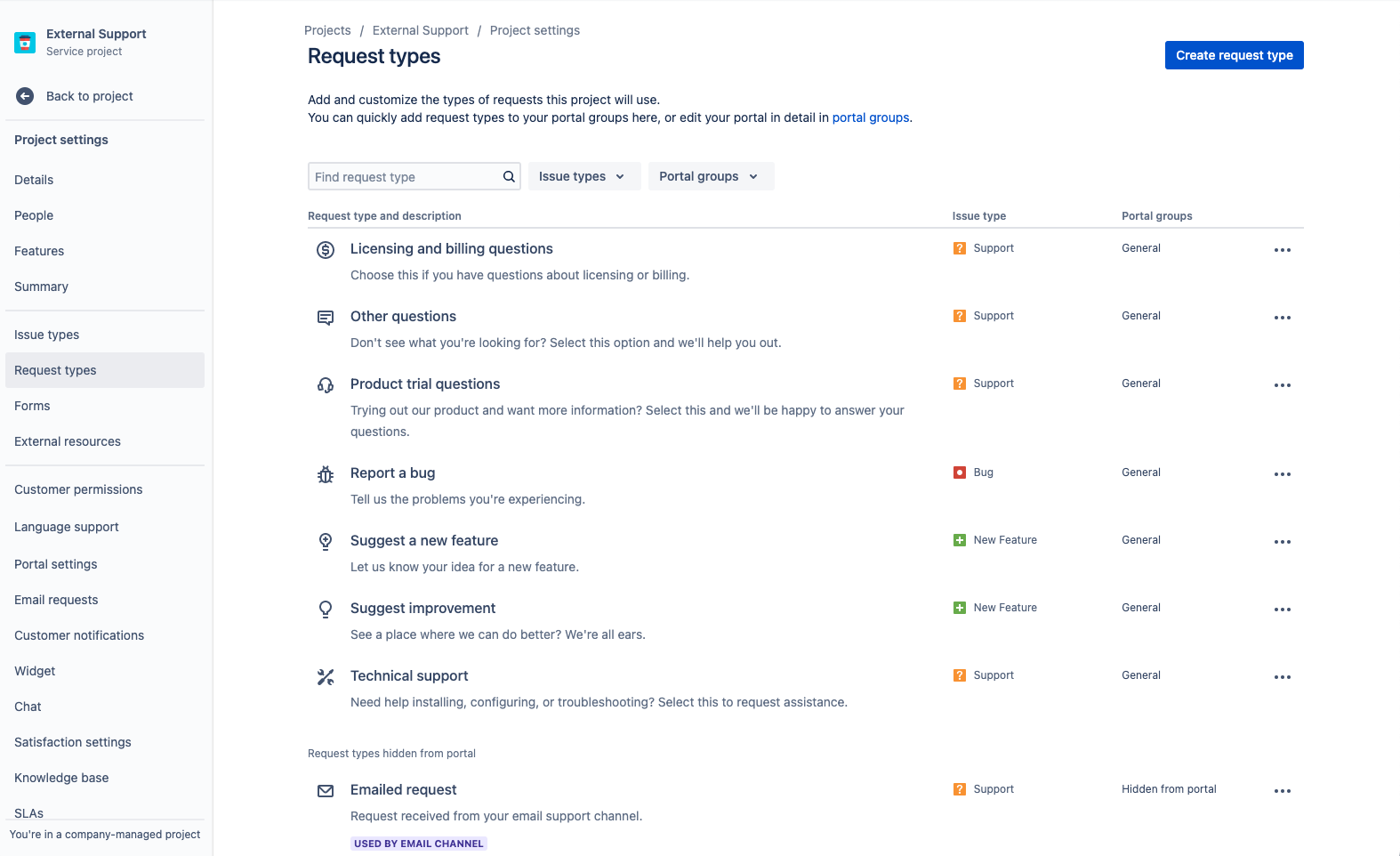 screenshot dell'aggiunta o della personalizzazione dei tipi di richieste in un progetto del servizio