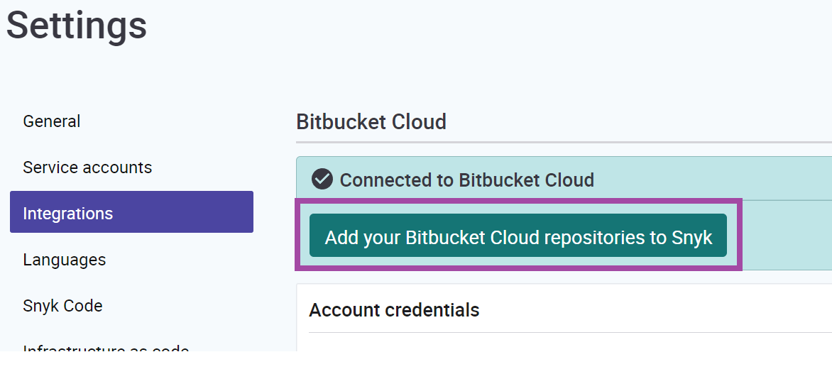 Snyk에 Bitbucket Cloud 리포지토리 추가
