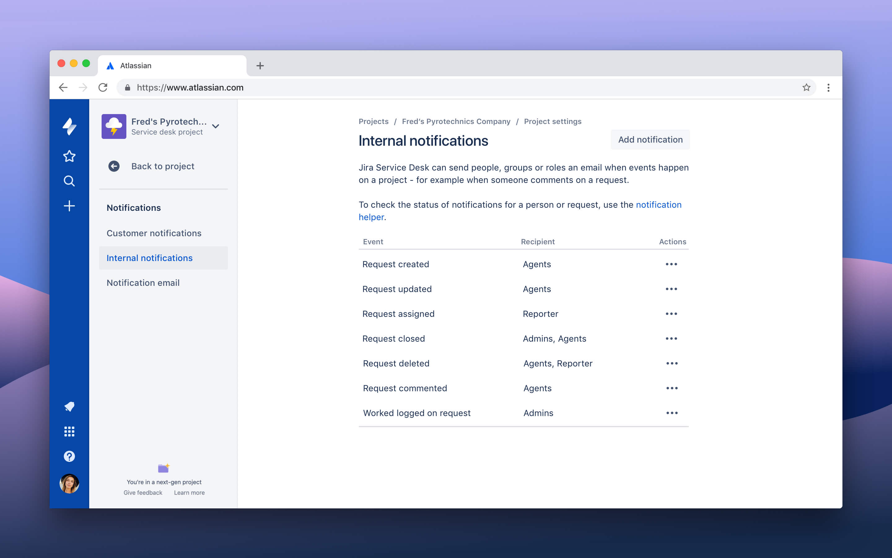 Jira Service Desk notifications screenshot