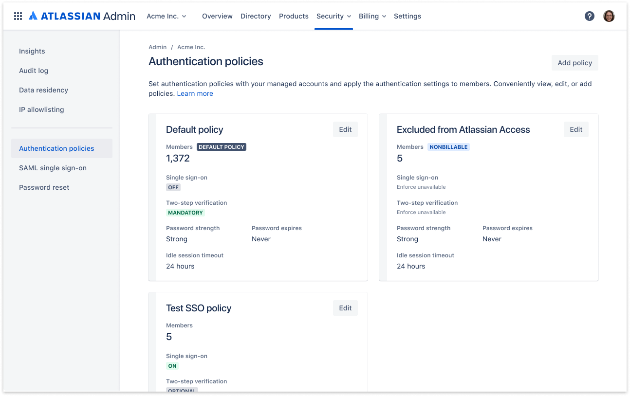Authentication policies screen