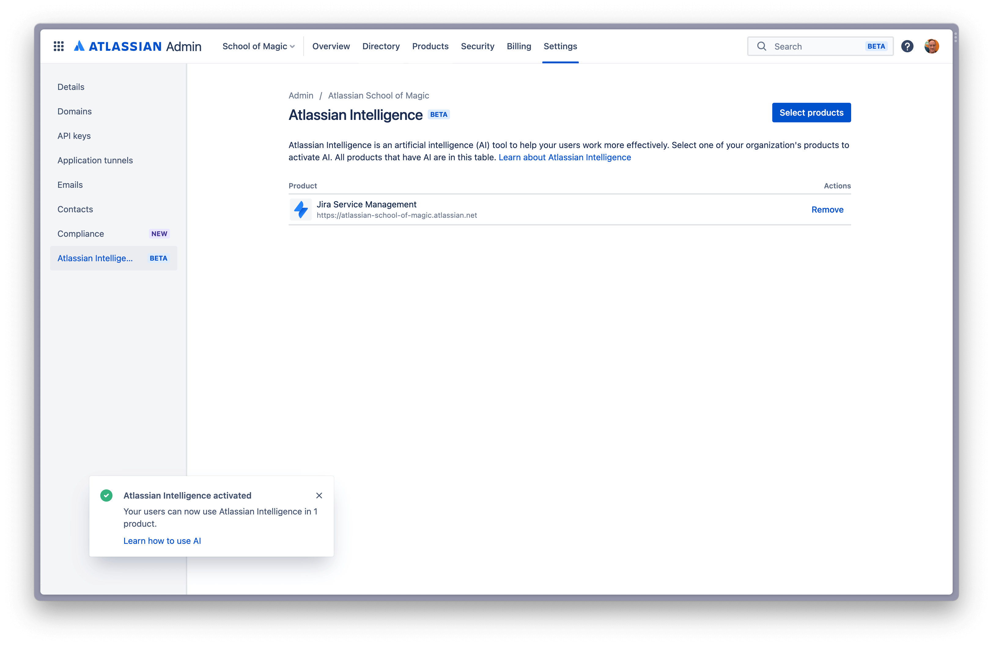 Atlassian Intelligence activated products displayed in Admin Hub