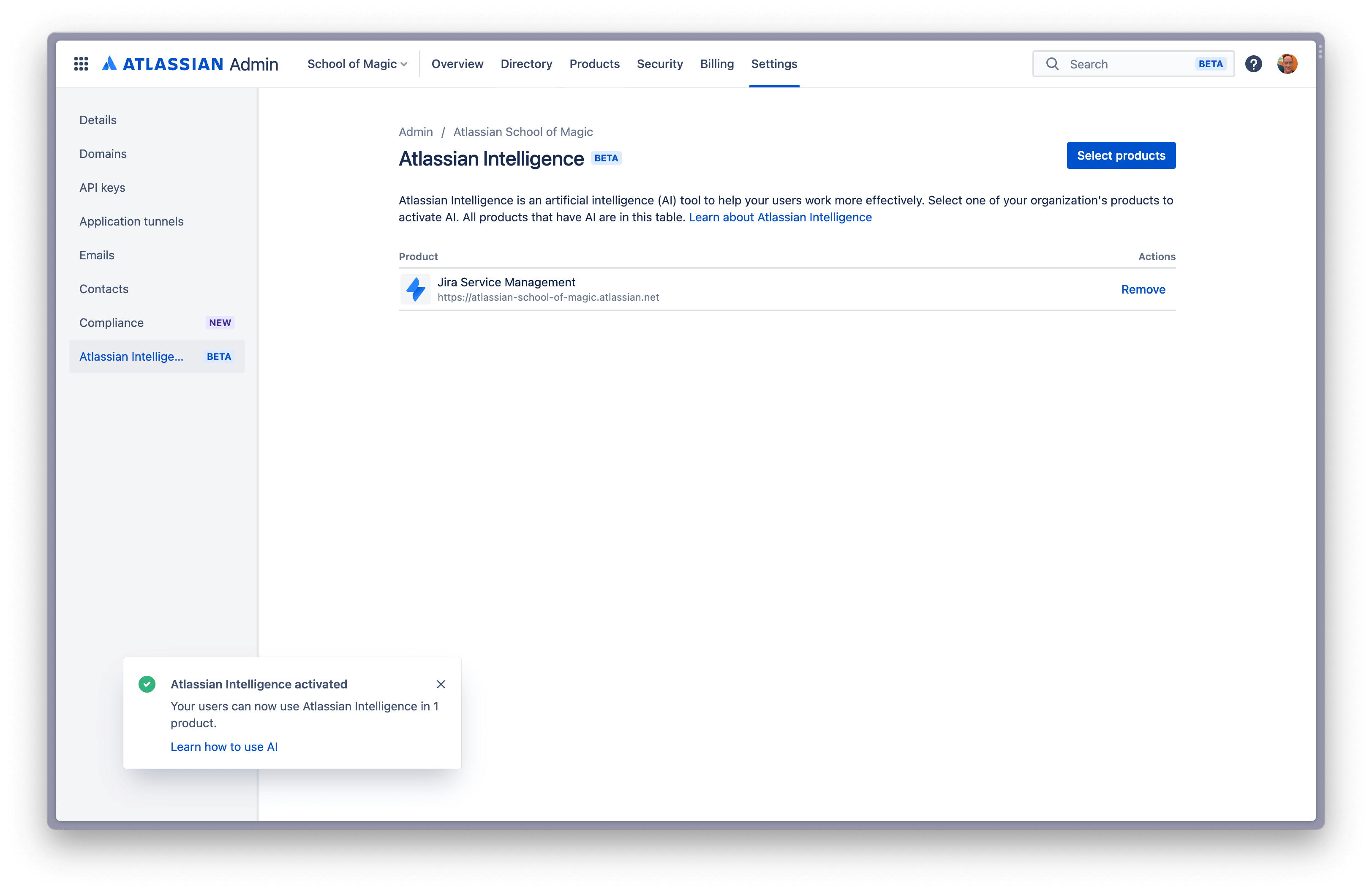 Admin Hub 中显示的已激活的 Atlassian Intelligence 产品