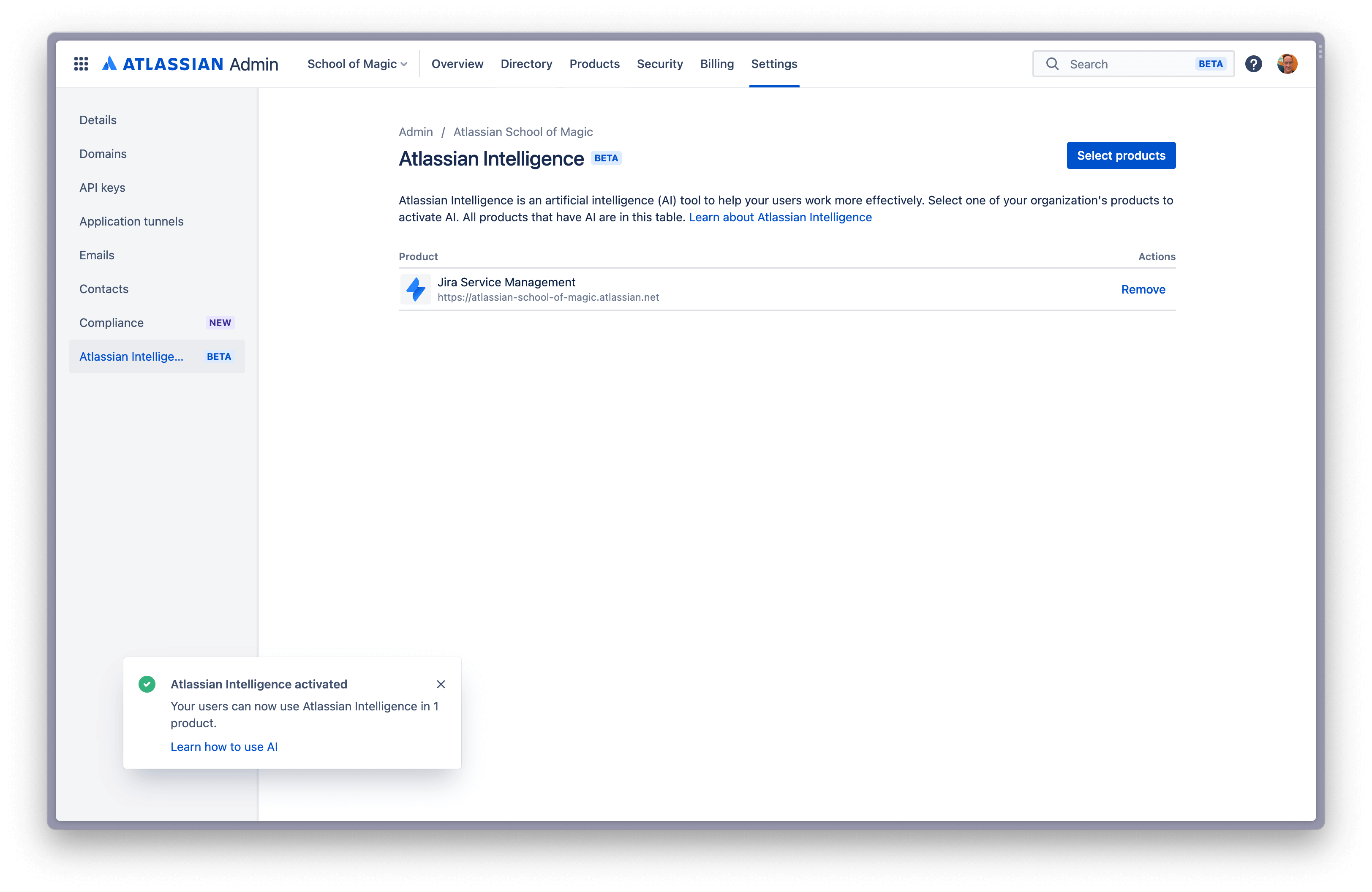 Anzeige der Produkte, für die Atlassian Intelligence aktiviert wurde, im Admin-Hub