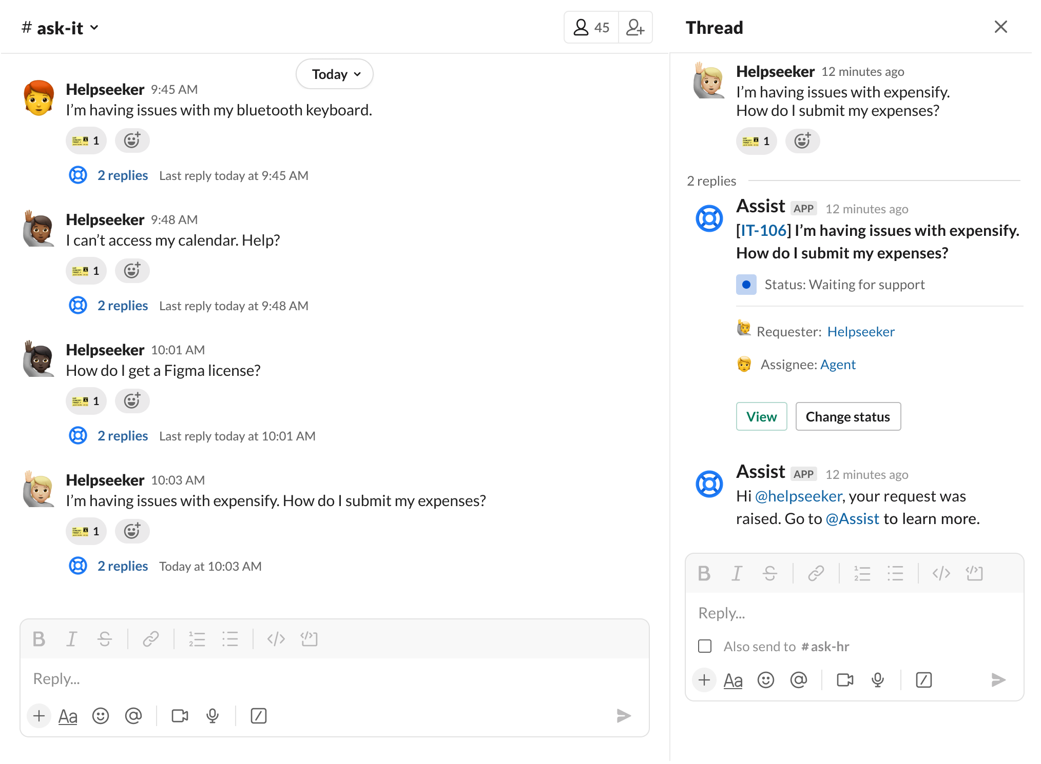 Screenshot: Anfrage-Channel mit Jira Service Management Chat in Slack