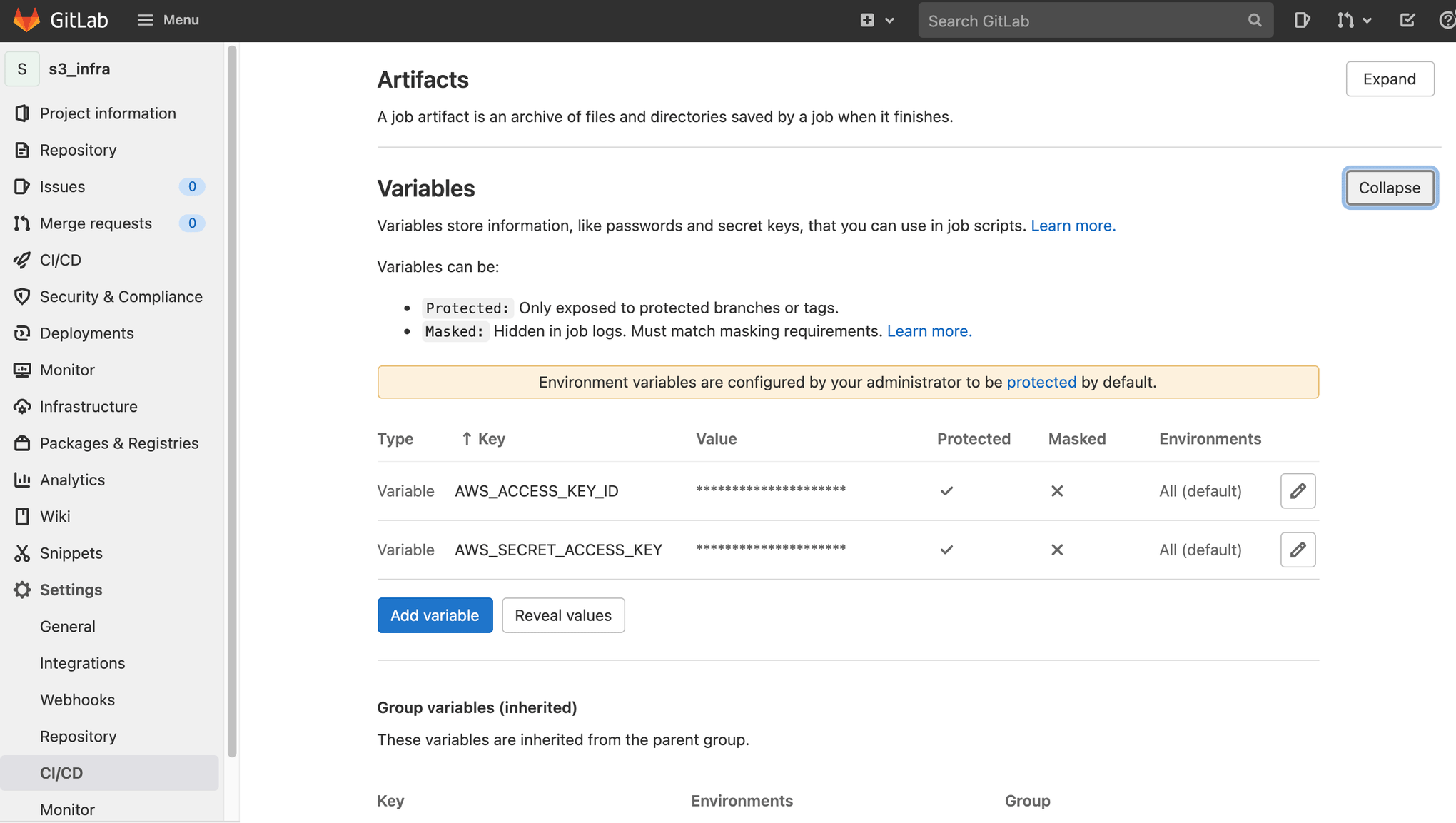 Clés AWS répertoriées dans la section « Variables » de la page des paramètres de CI/CD de GitLab