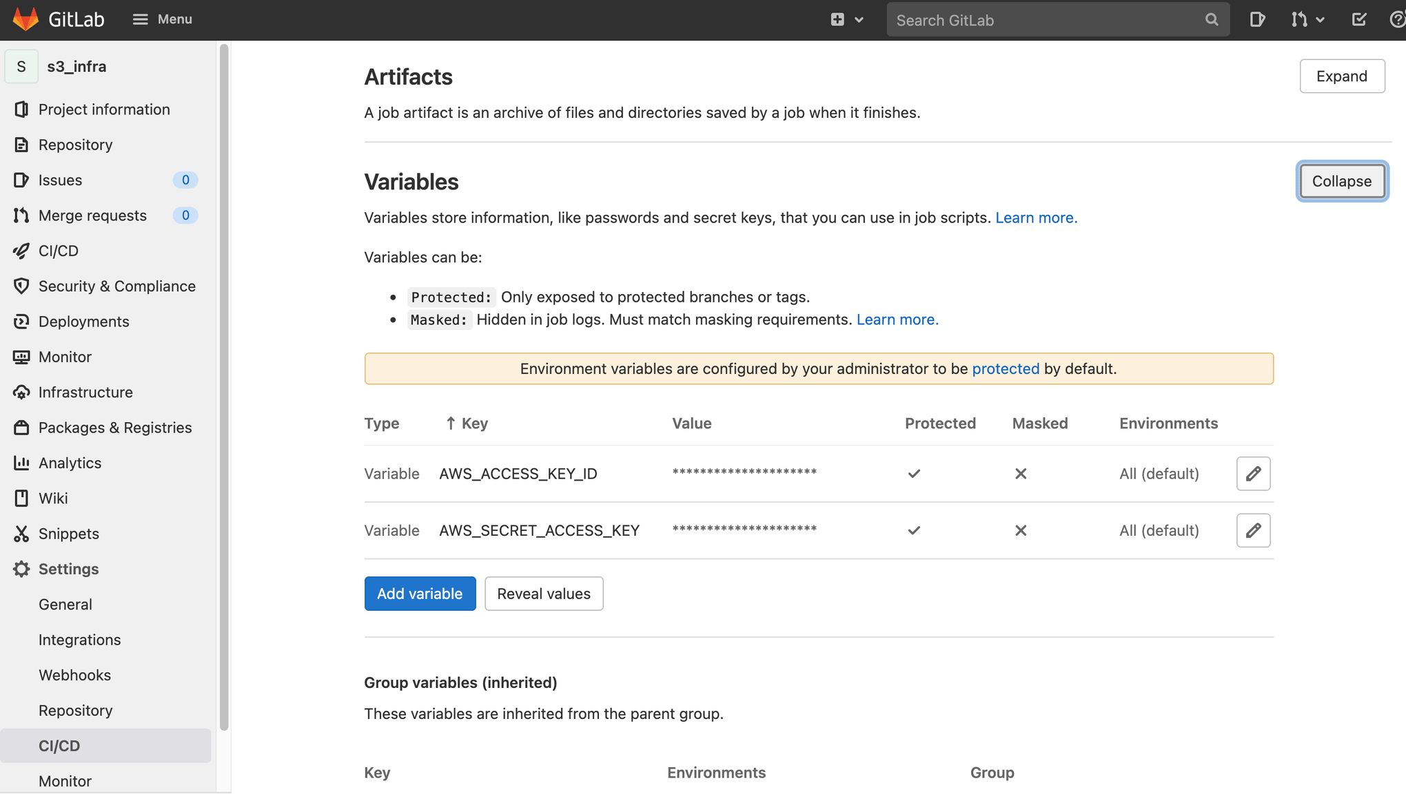 Chaves da AWS listadas na seção "Variáveis" na página de configurações de IC/CD no GitLab