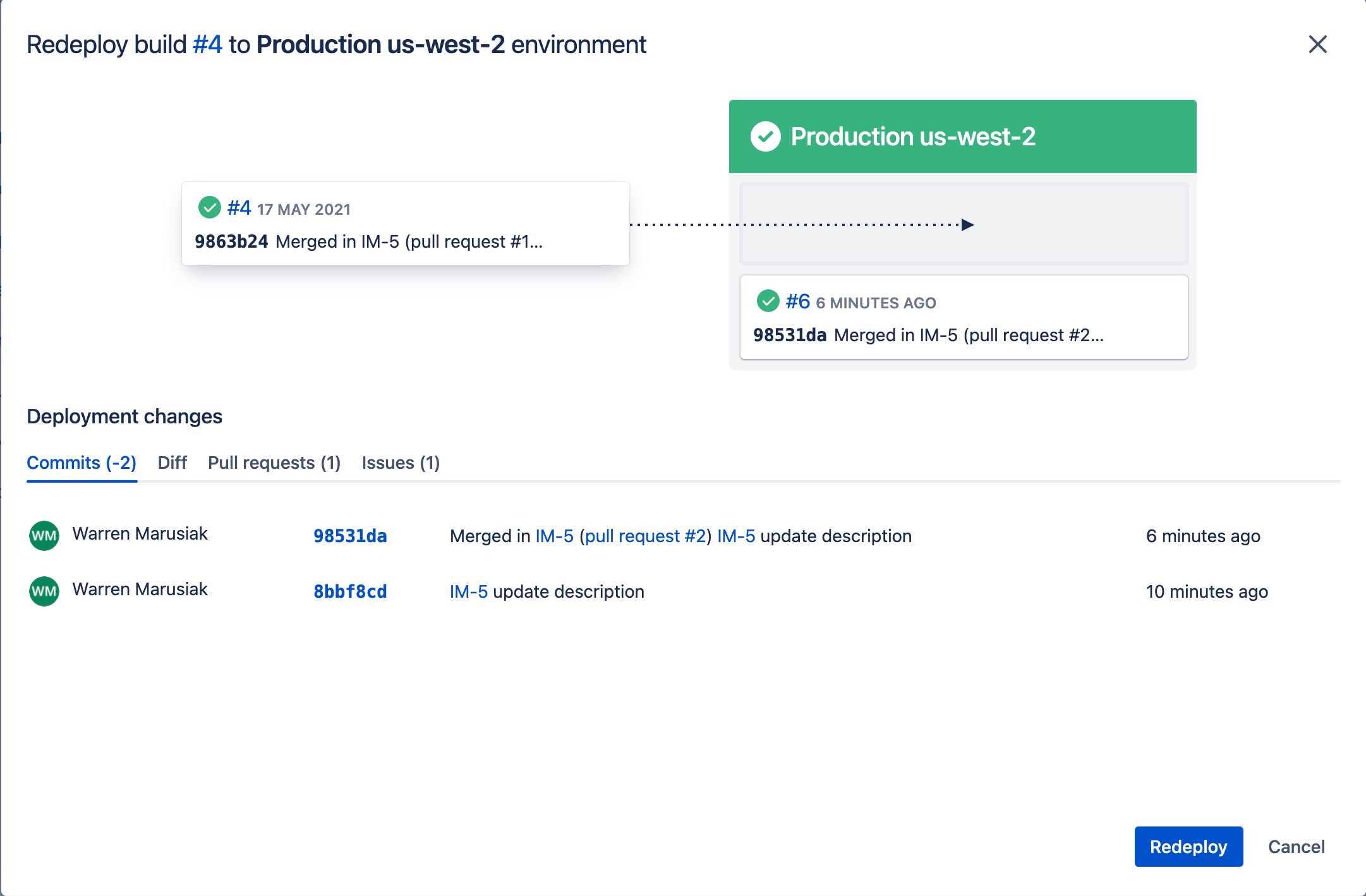 Vergewissere dich, dass deine Änderungen korrekt sind, bevor du in Bitbucket "Redeploy" (Erneut bereitstellen) auswählst.