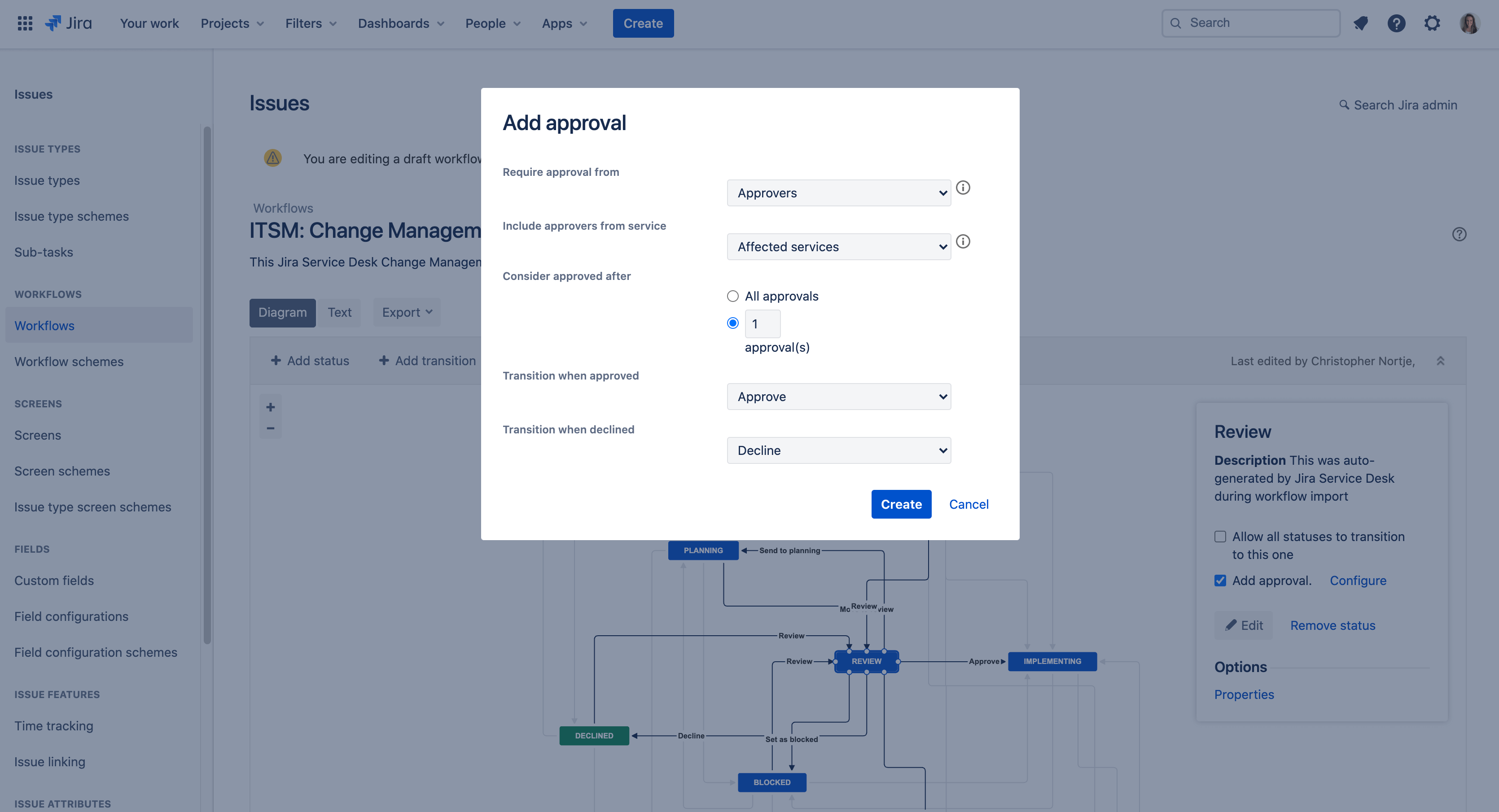 Screenshot di aggiunta dell'approvazione