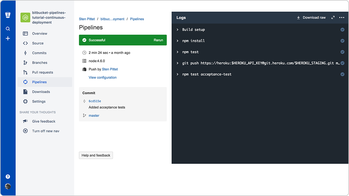 Pipeline exécuté avec succès dans Bitbucket