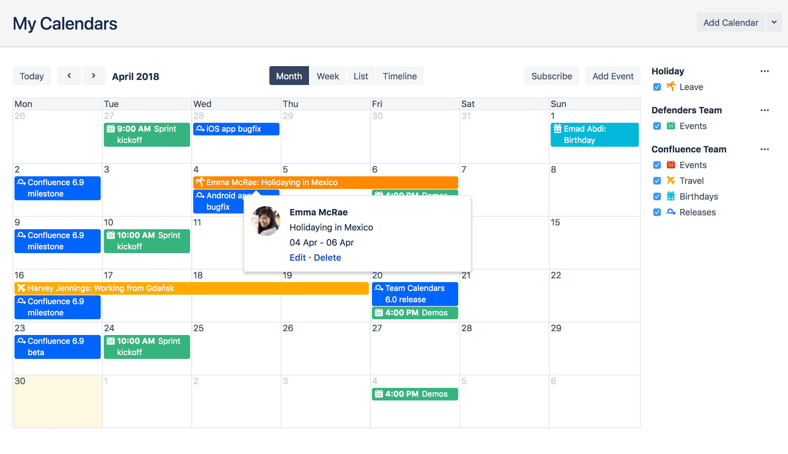 Calendar of teammate's off days
