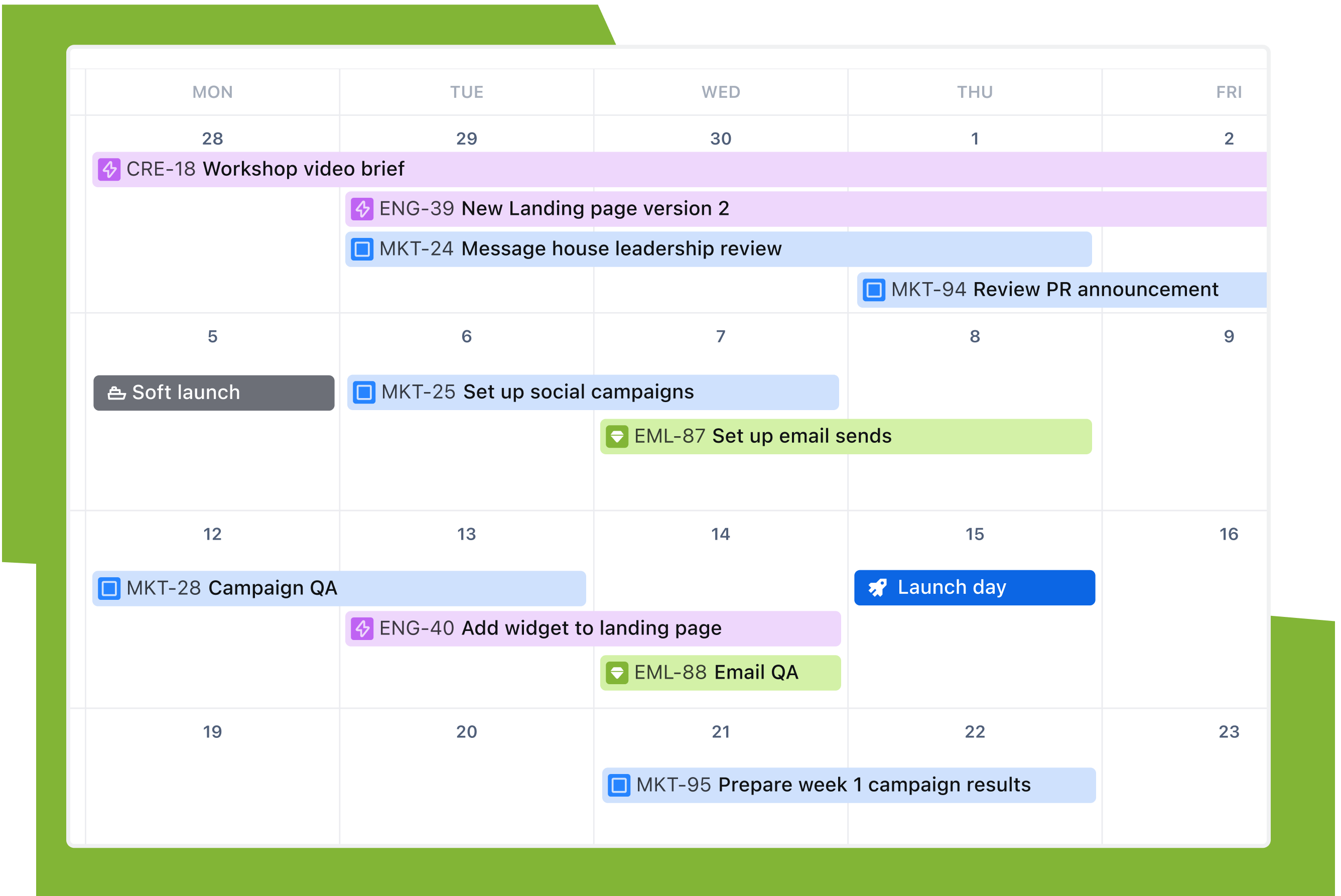 De kalenderweergave van een Jira-project met overlappende taken van verschillende teams ter voorbereiding op een marketinglancering.