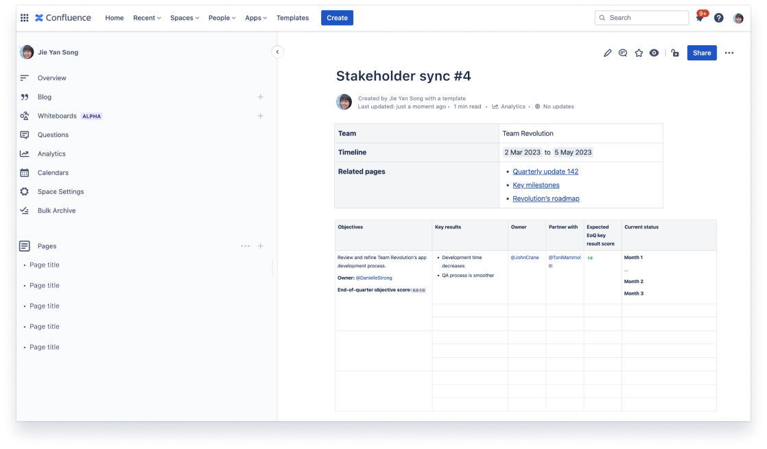 Sharing OKRs on a document in Confluence