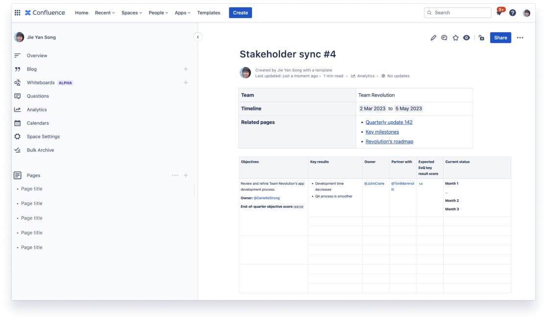 Compartiendo los objetivos y resultados clave de un documento en Confluence