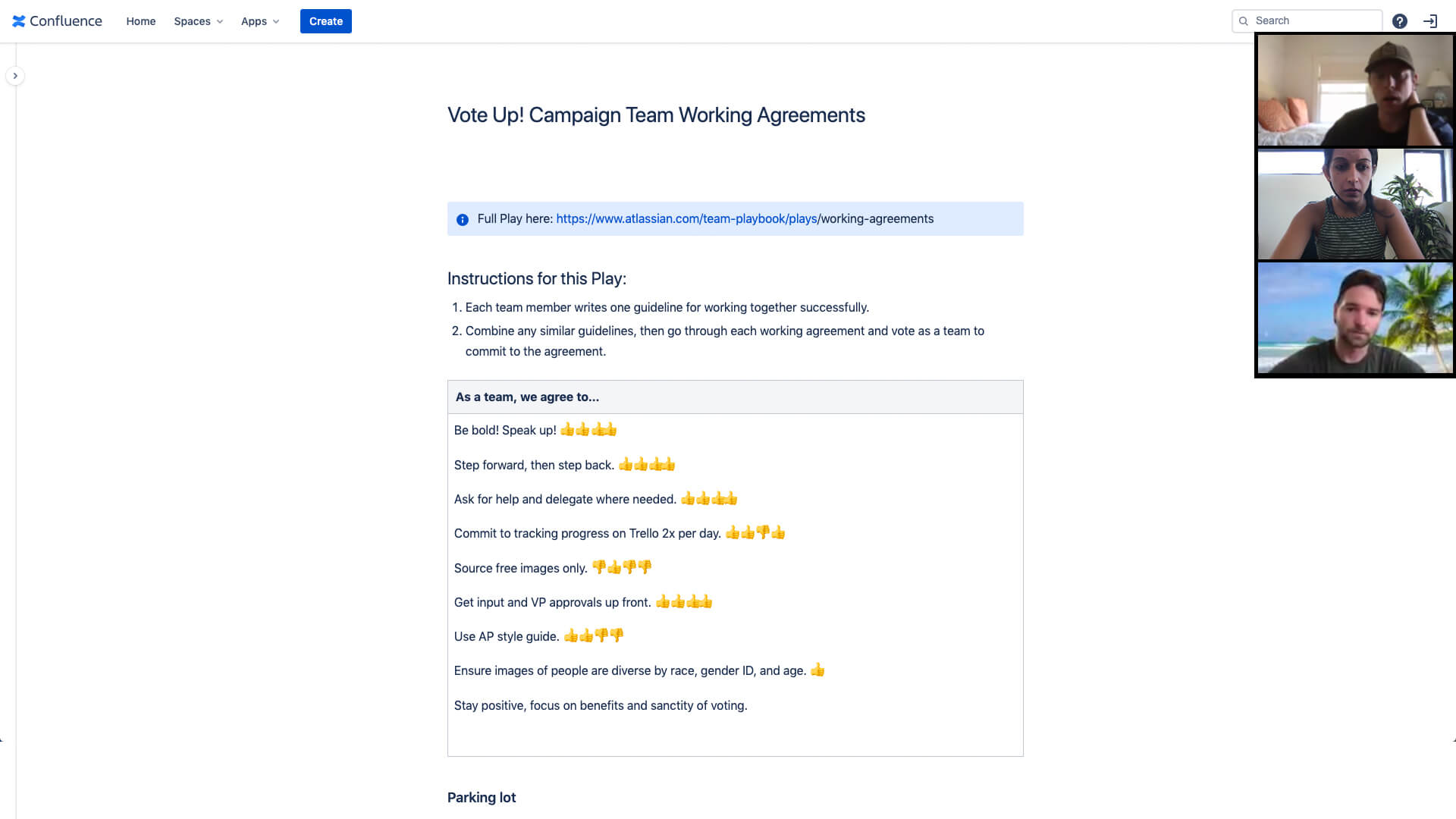 Working agreements on confluence