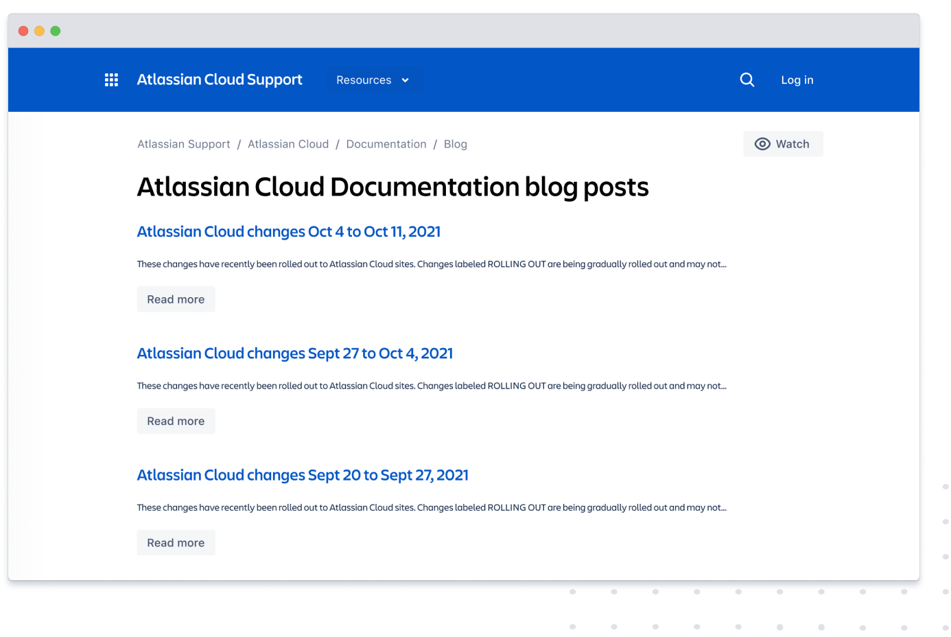 Снимок экрана: страница блога с заметками о релизах Atlassian Cloud.