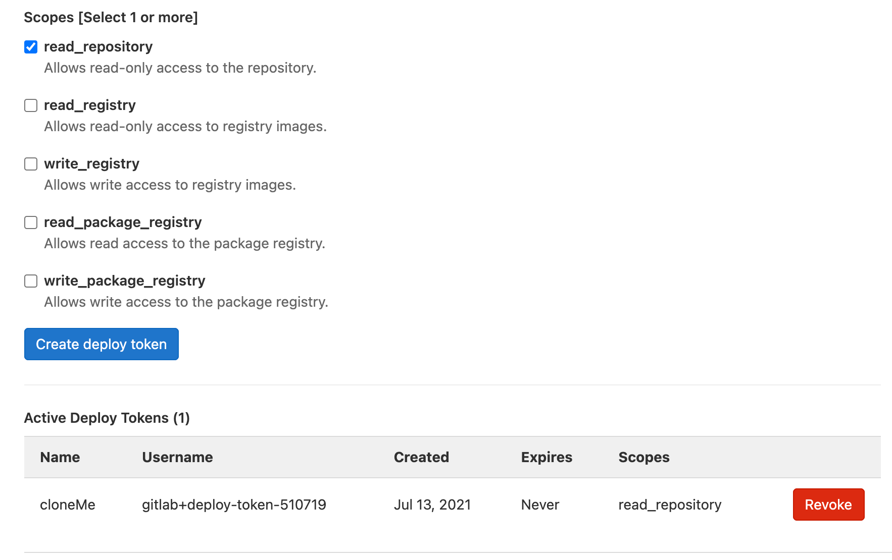 Seleccionar la casilla de verificación "read_repository" en la página de configuración de "Implementar tokens" en GitLab