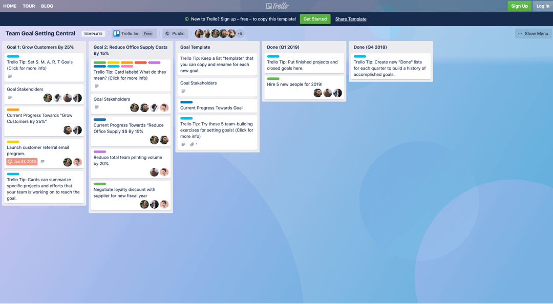 Trello goal setting board