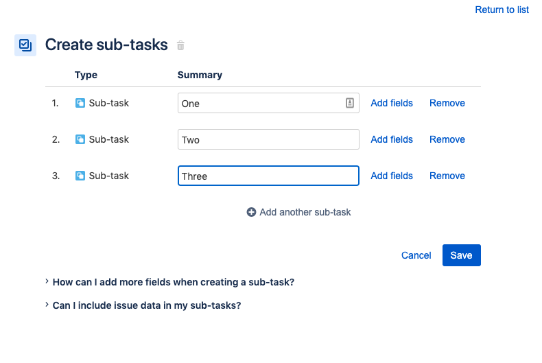 Страница Create sub-tasks (Создать подзадачи)