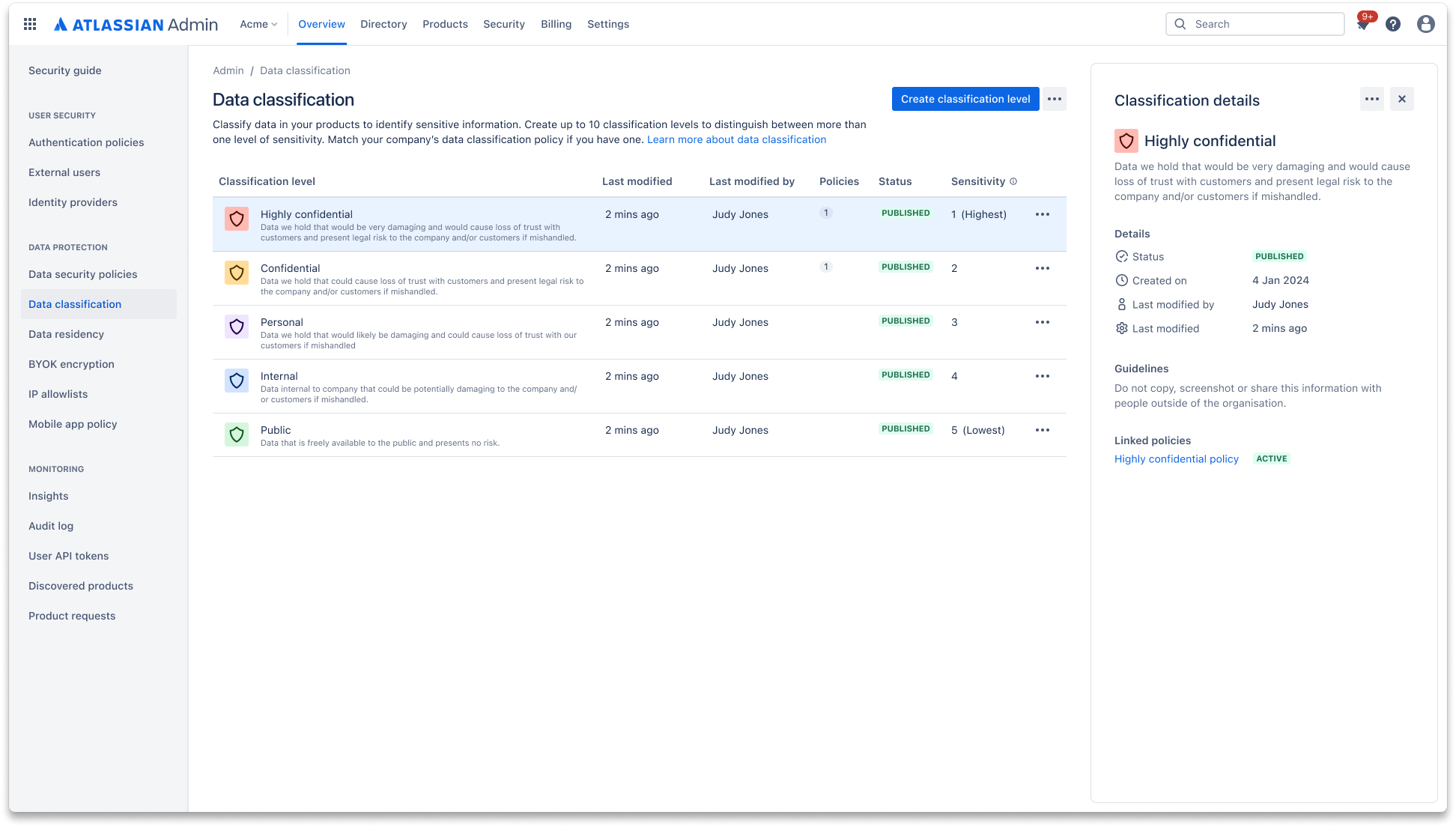 Data classification screenshot