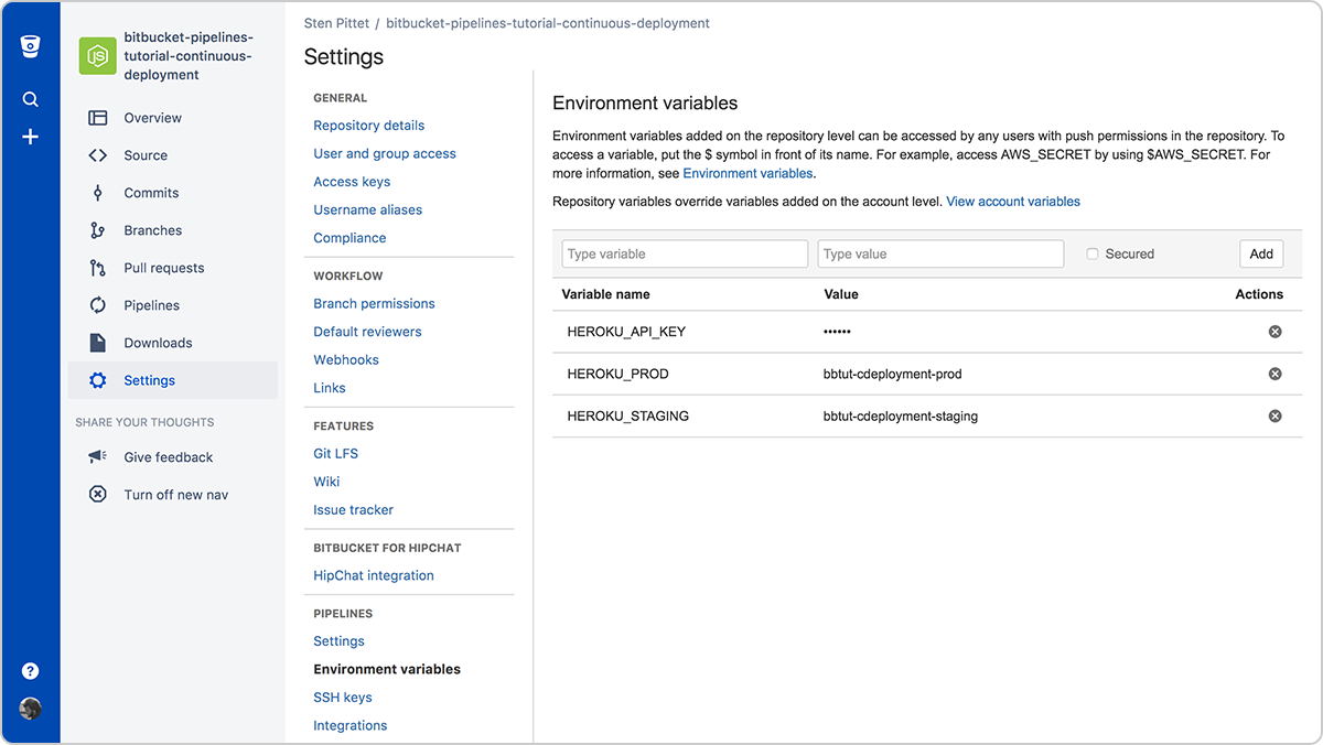 Captura de pantalla con la configuración de Heroku en Bitbucket | CI y CD de Atlassian