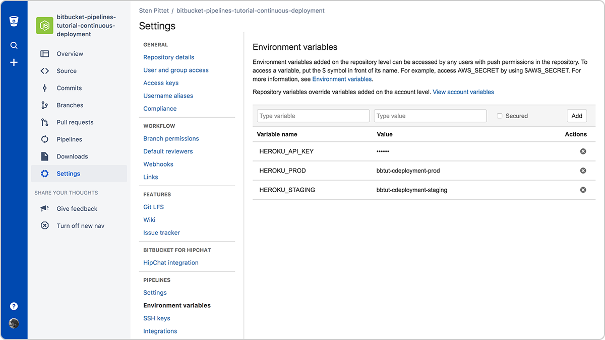在 Bitbucket 中设置 Heroku 的屏幕截图 | Atlassian CI/CD