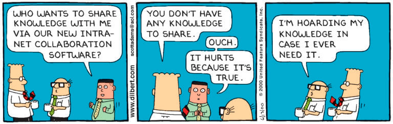 Komiks z Dilbertem dotyczący gromadzenia wiedzy