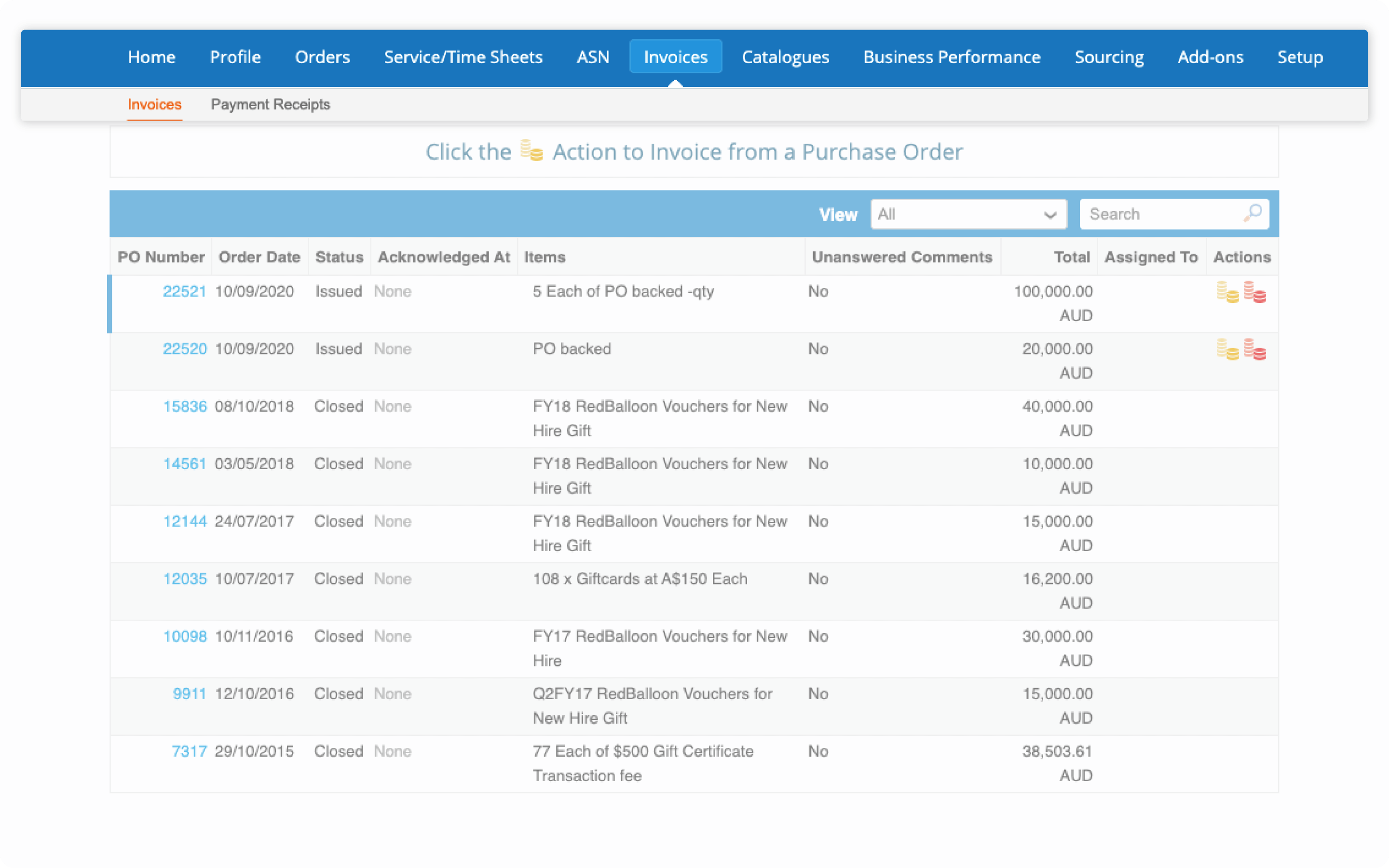 Supplier needs to go to Orders tab and search for the PO to be used. Click the yellow coins to start creating an invoice