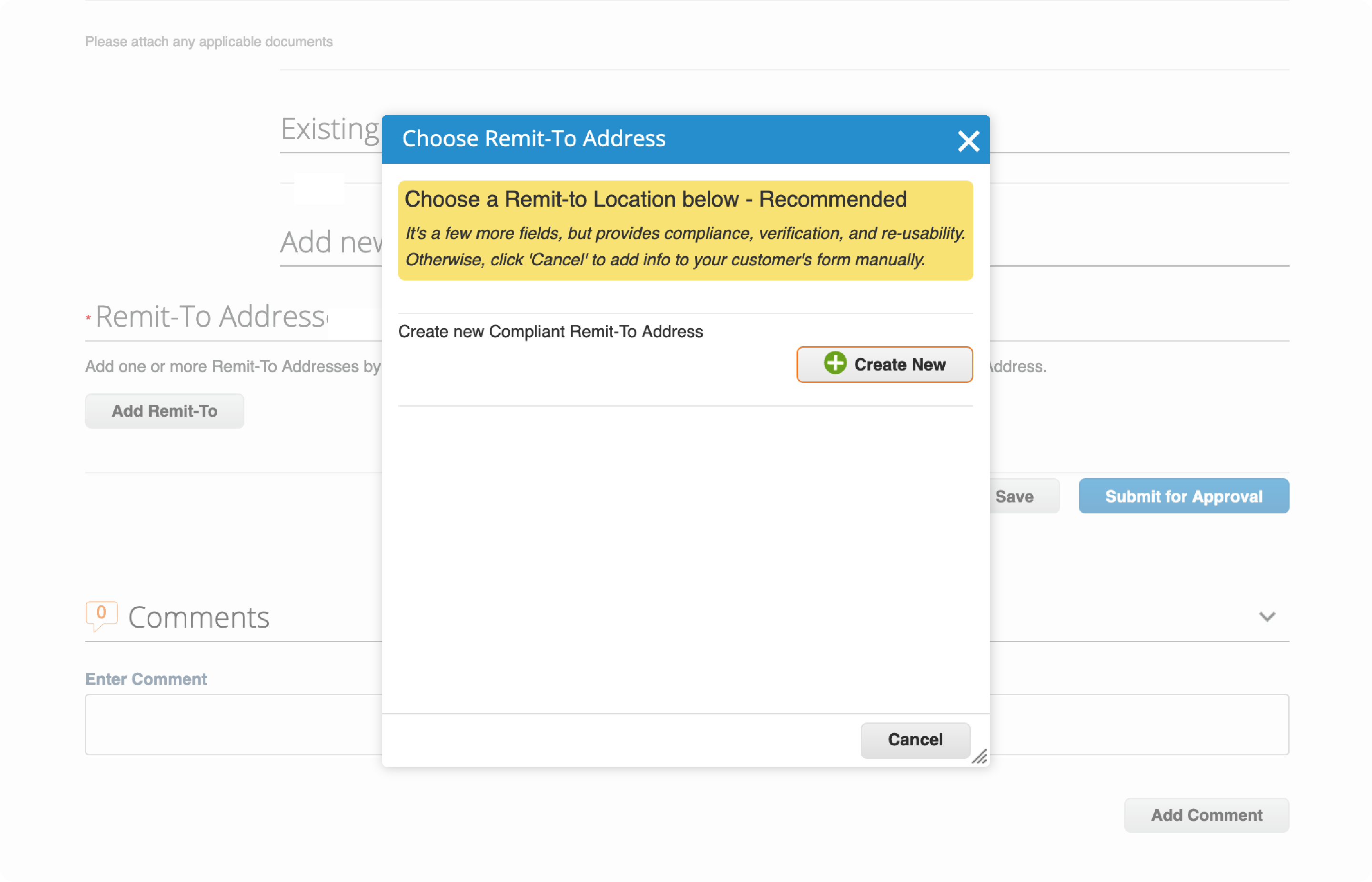 A pop-up box after clicking the click Add Remit-To button on the Supplier response on Coupa Supplier