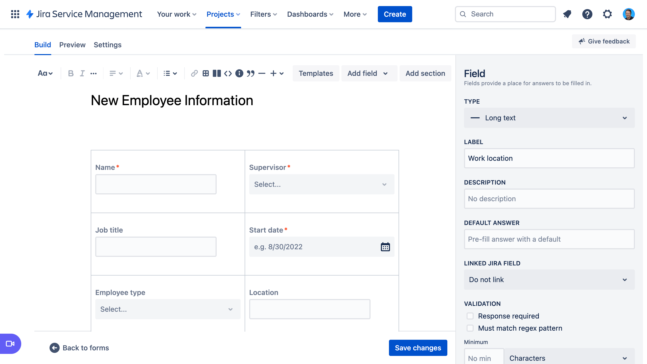 schermafbeelding van een formulier met informatie voor nieuwe werknemers