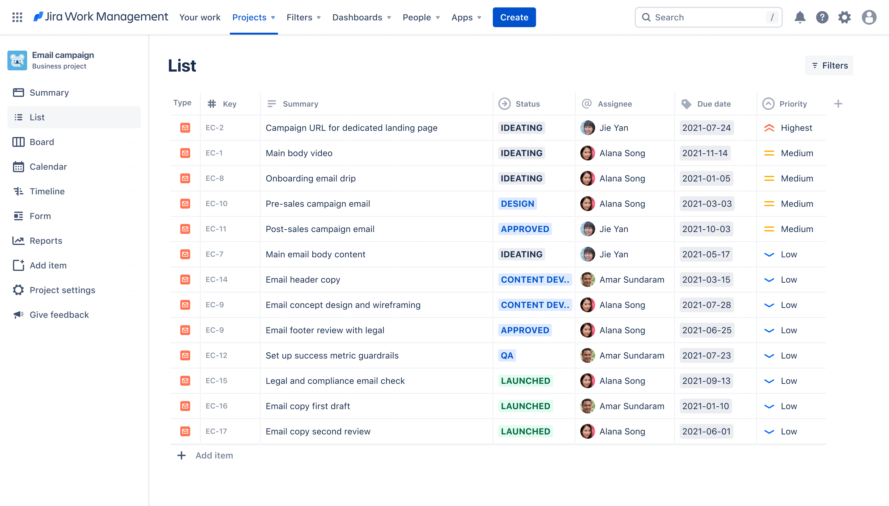 Email campaign list view in Jira WOrk management